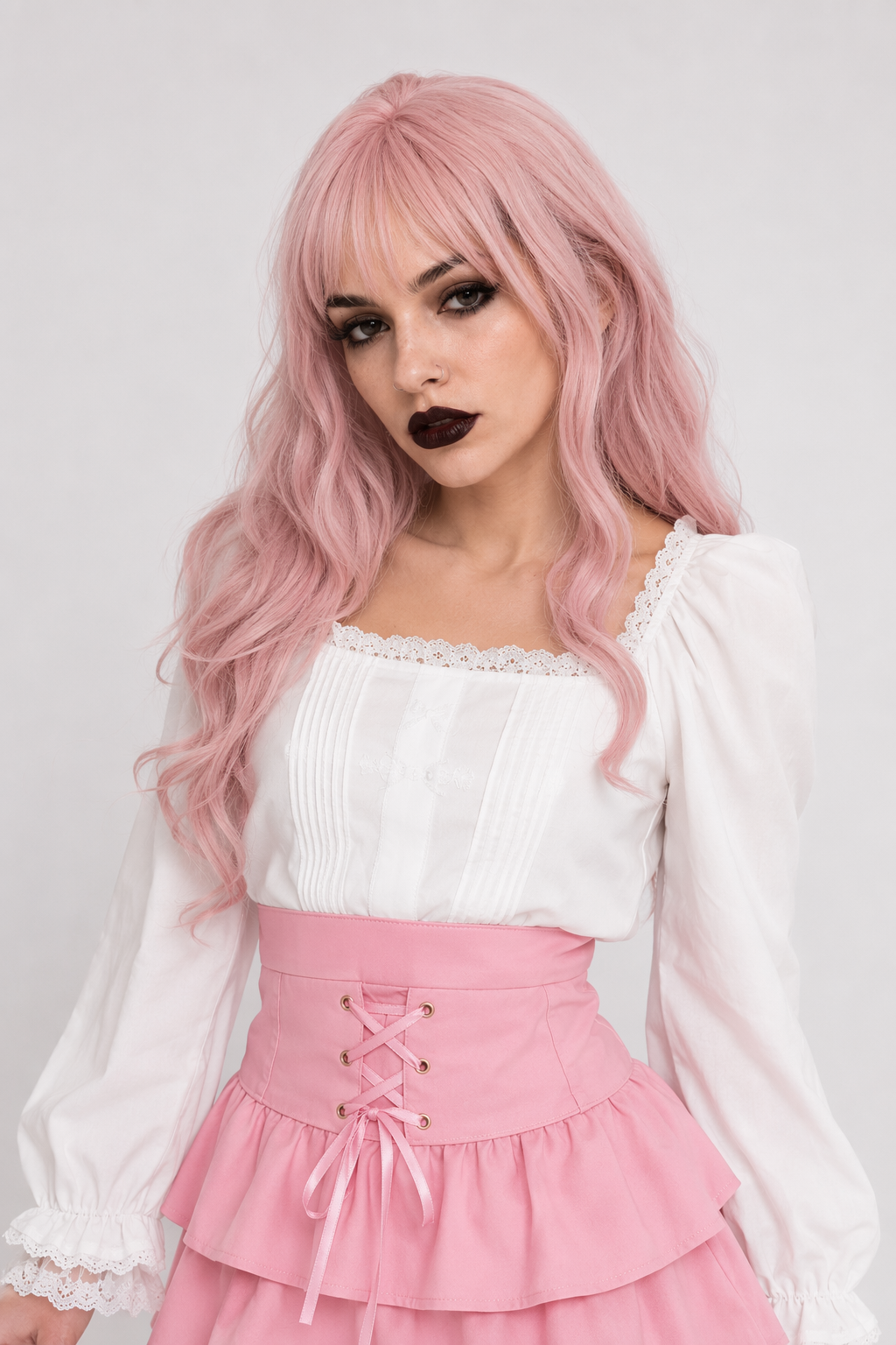 Pink and White Lace-Up Corset Tennis Skirt with Ribbons Pink