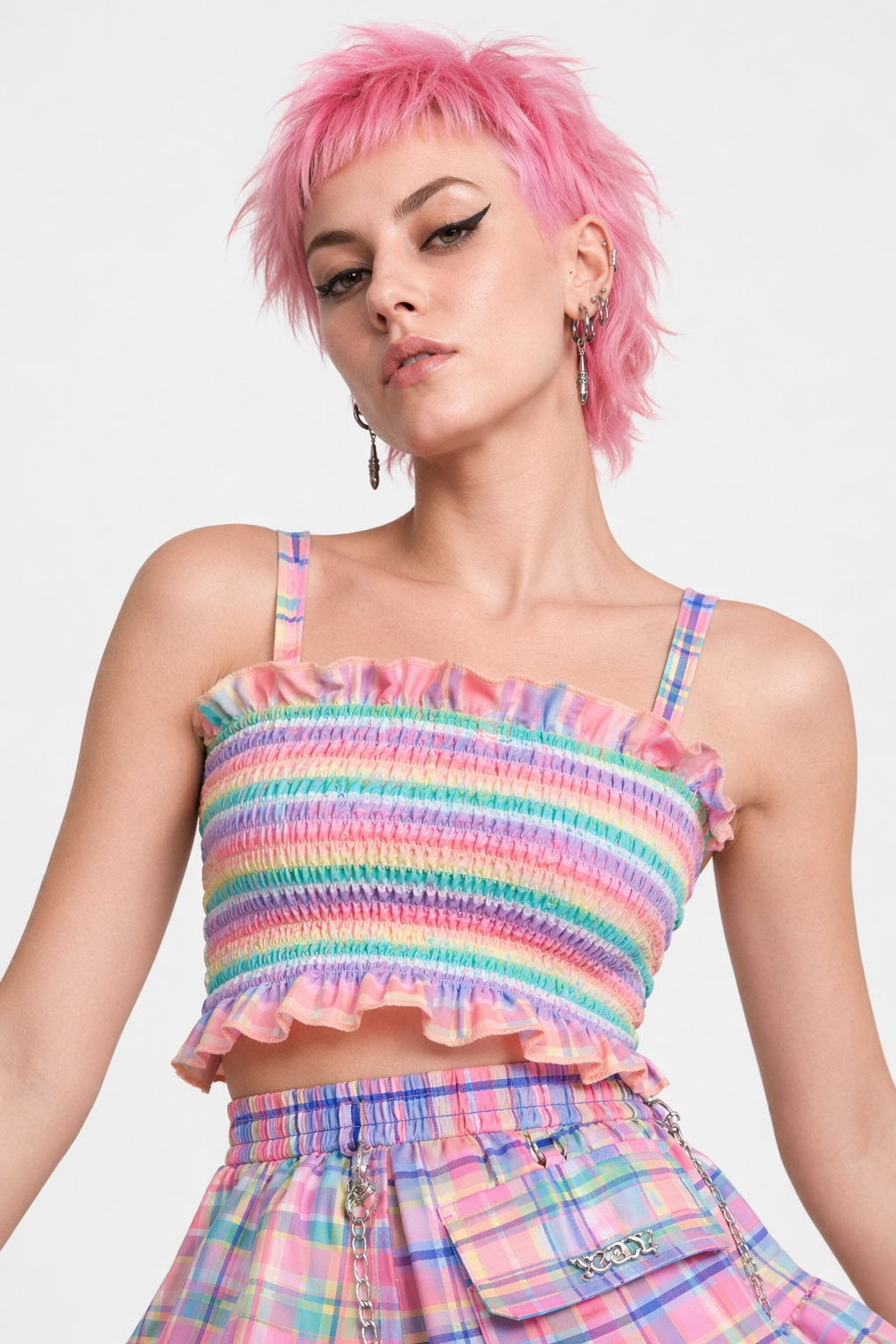 Bubblegum Rainbow Plaid Skirt with Cargo Pocket and Stretchy Waistband S