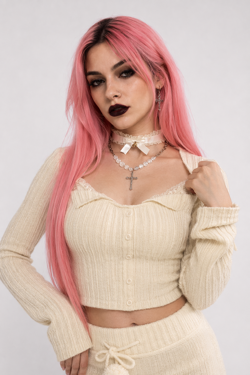 Cream Knit Cropped Sweater in Striped Cable Knit Fabric M