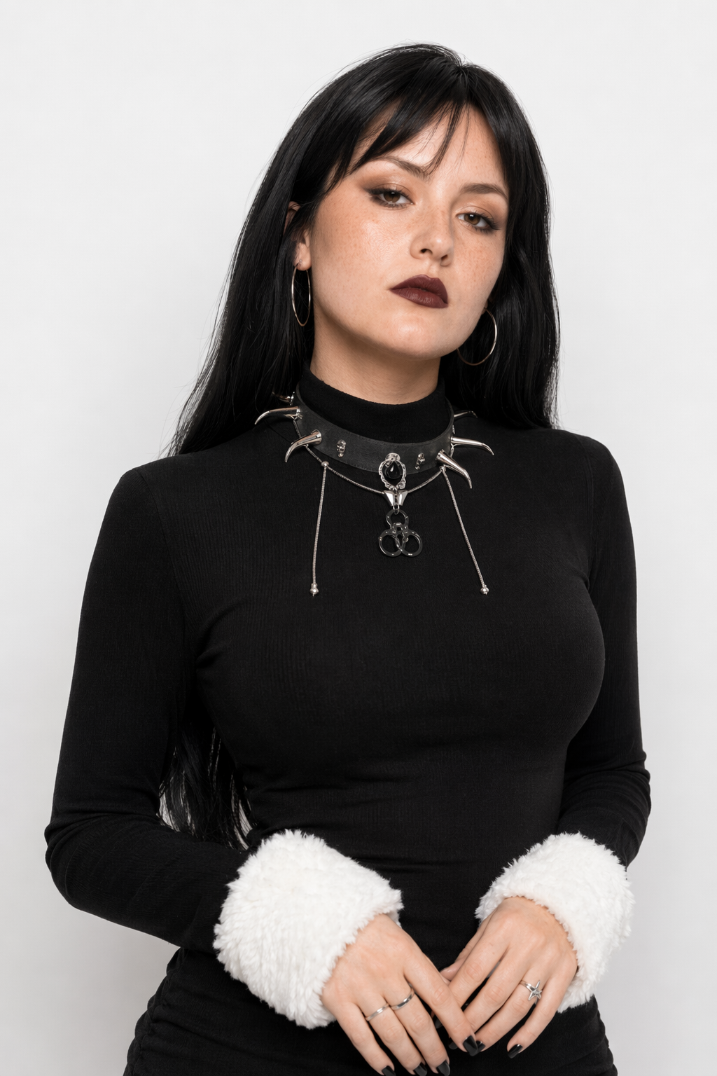 Gothic Winter Dress with White Fur Cuffs and Hemline Default