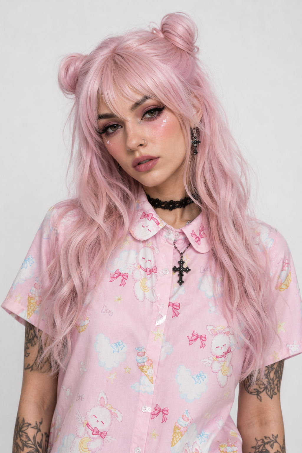 Angel Bunny Button-Up for Ultimate Kawaii Comfort and Irresistible Cuteness Pink short sleeve
