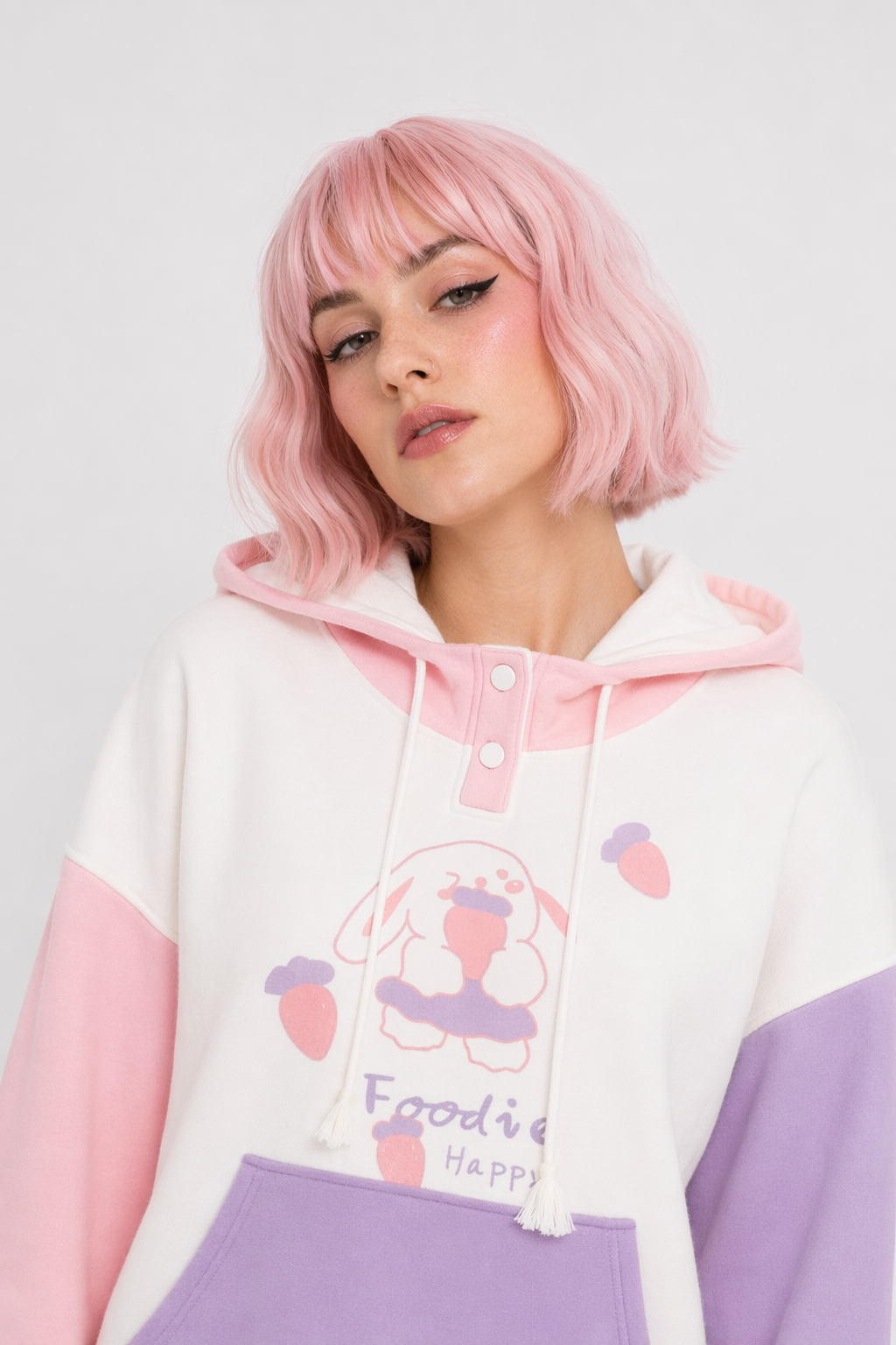 Foodie Bunny Hoodie in Pastel Color Block Style Pink