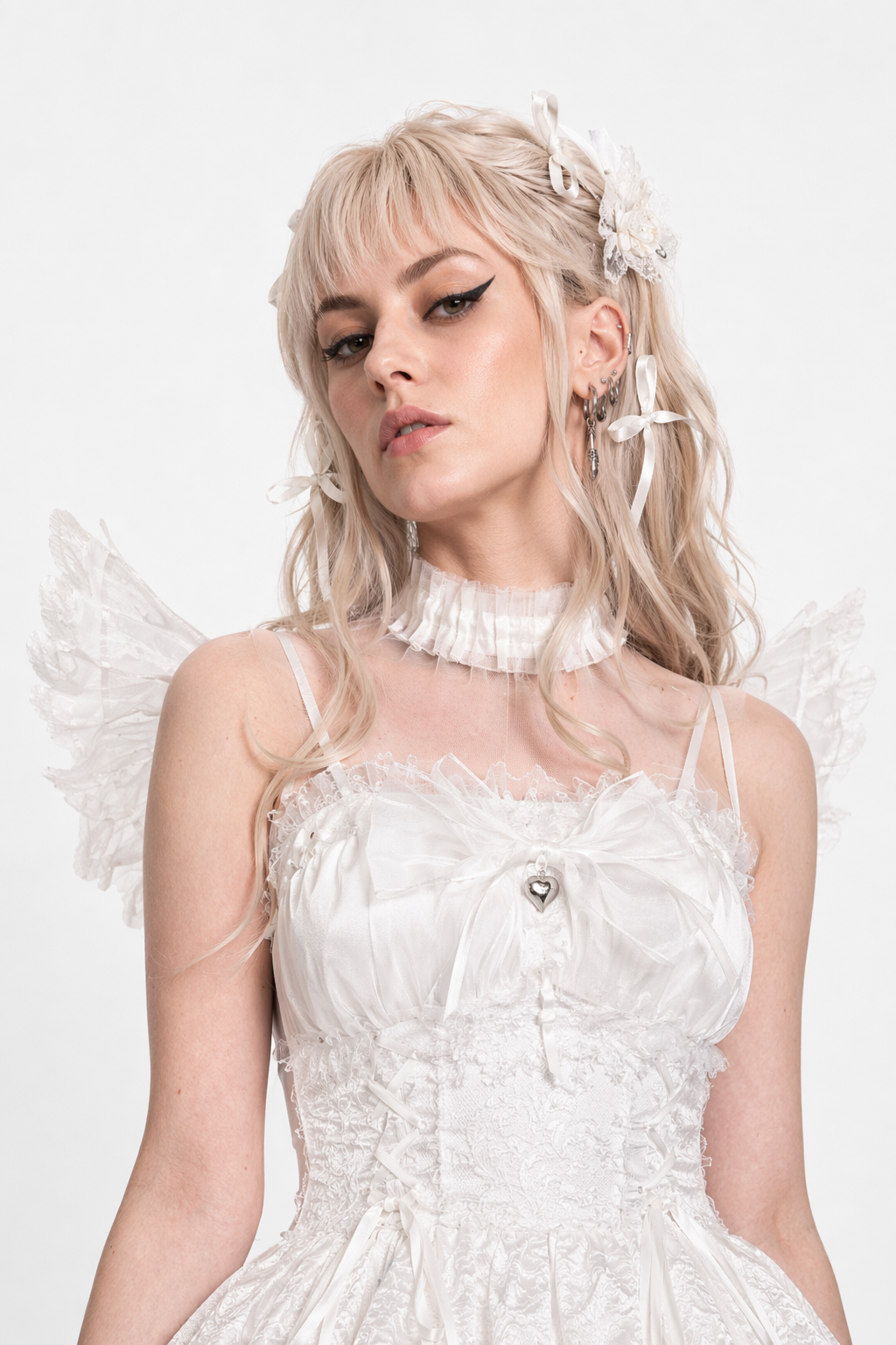 Ethereal Princess Lace Dress with Ruffles and Bows All White