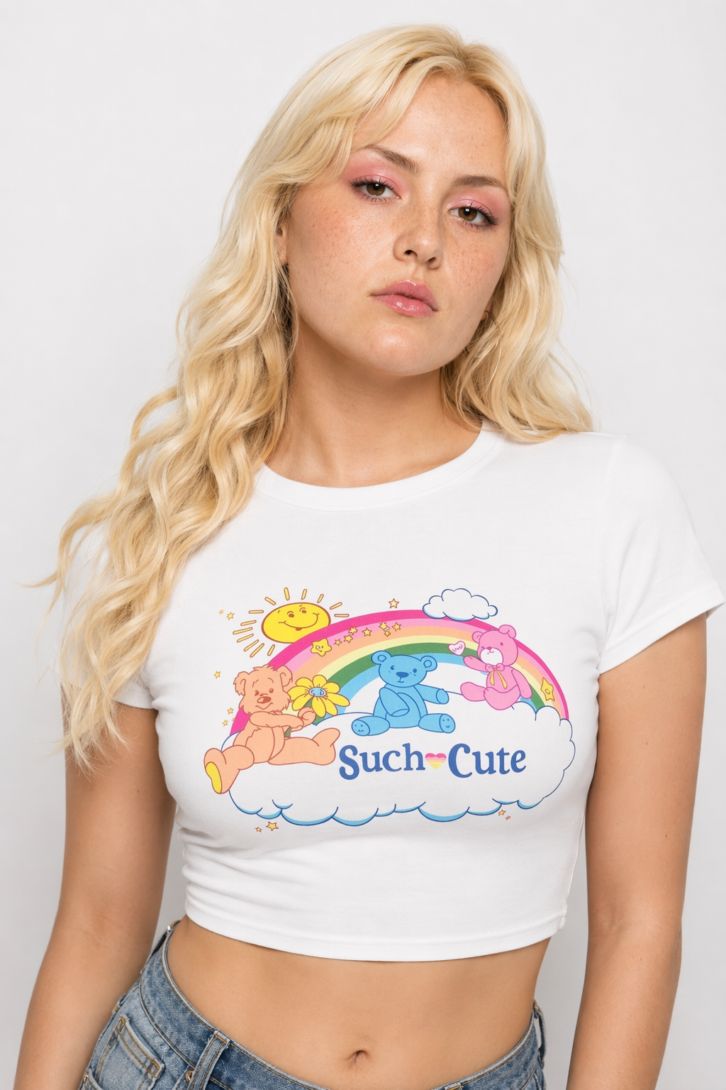 Care Bears Inspired Bright White Crop Top for Kawaii Fashion M