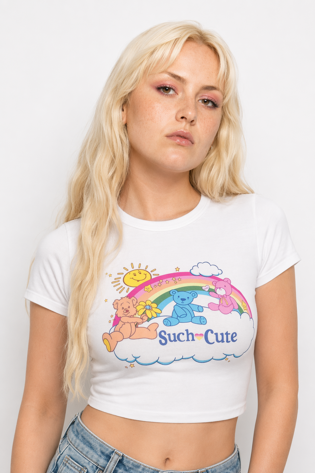 Care Bears Inspired Bright White Crop Top for Kawaii Fashion L