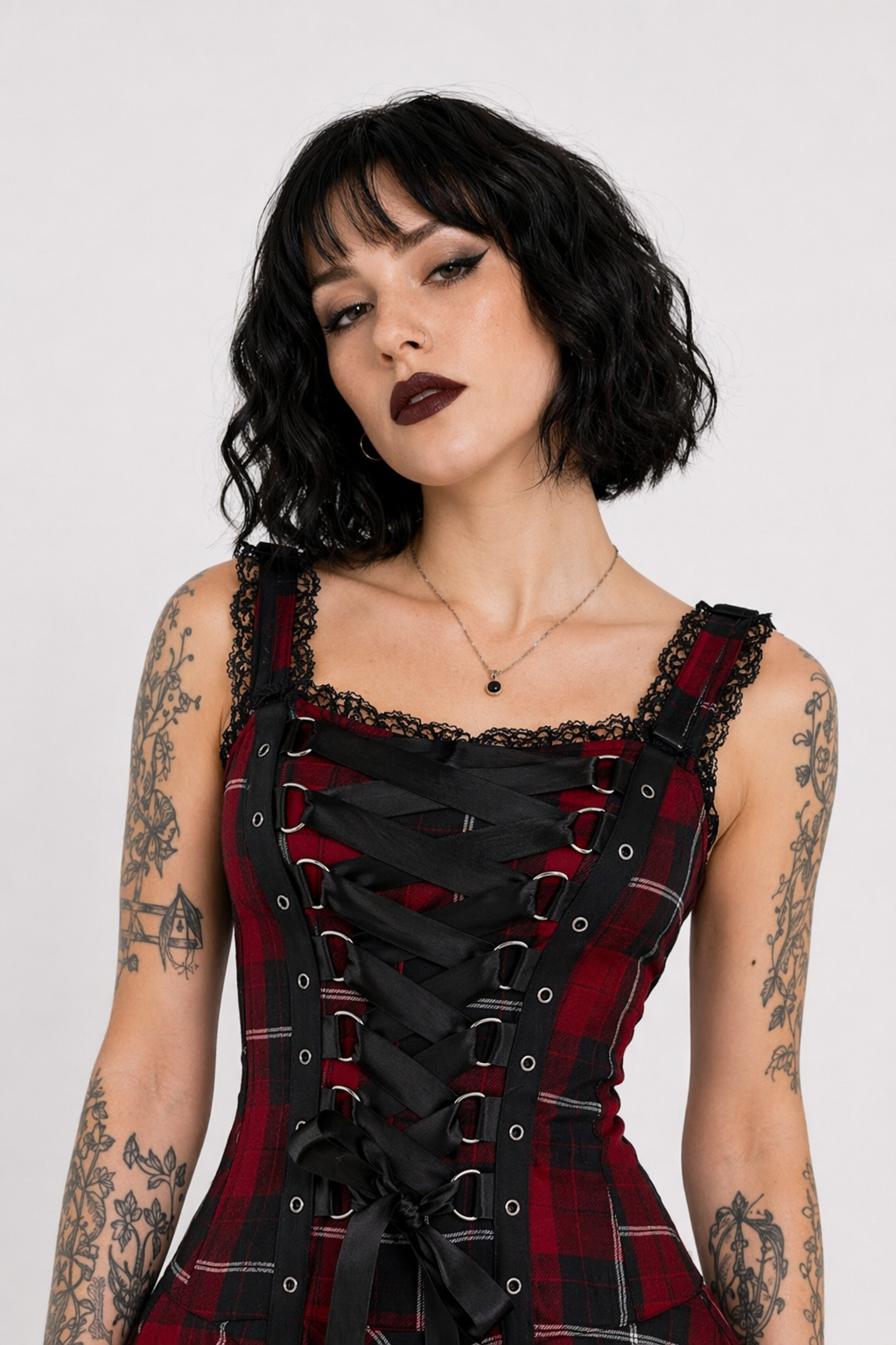 Spooky Tartan Plaid Lace-Up Gothic Dress for Dark Fashion Lovers Red
