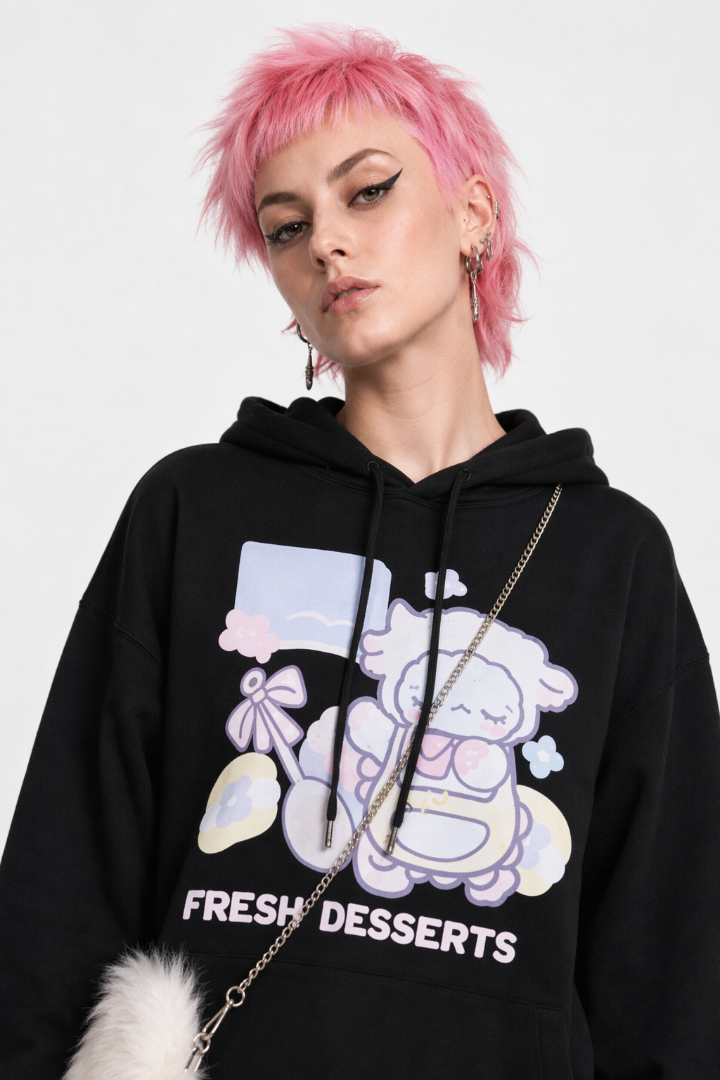 Kawaii Baby Lamb Dessert Hoodie with Sweet Details in Pastel Colors Black