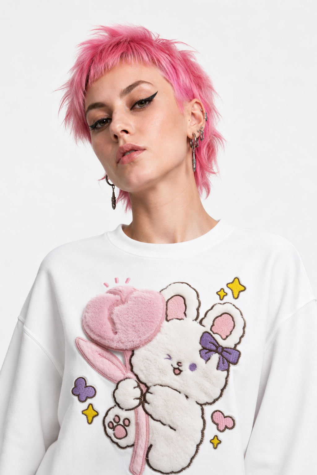 Tulip Bunny Fluffy Tee for Adorable Spring Style White