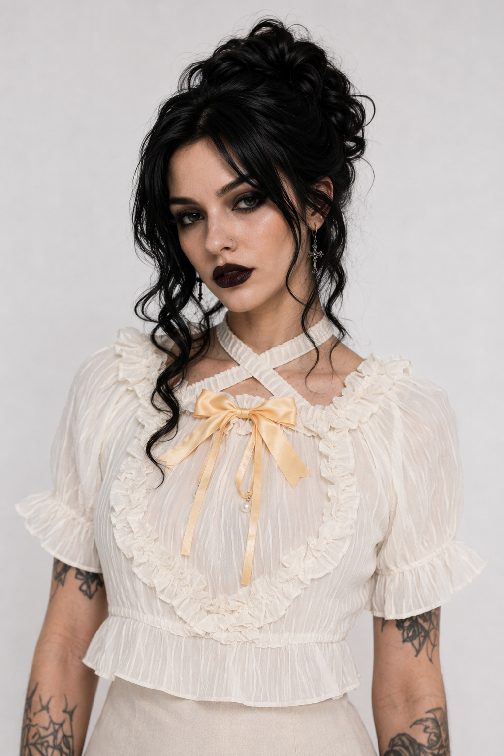 Victorian Era Regal Bow Cropped Blouse with Elegant Details Ivory Blouse