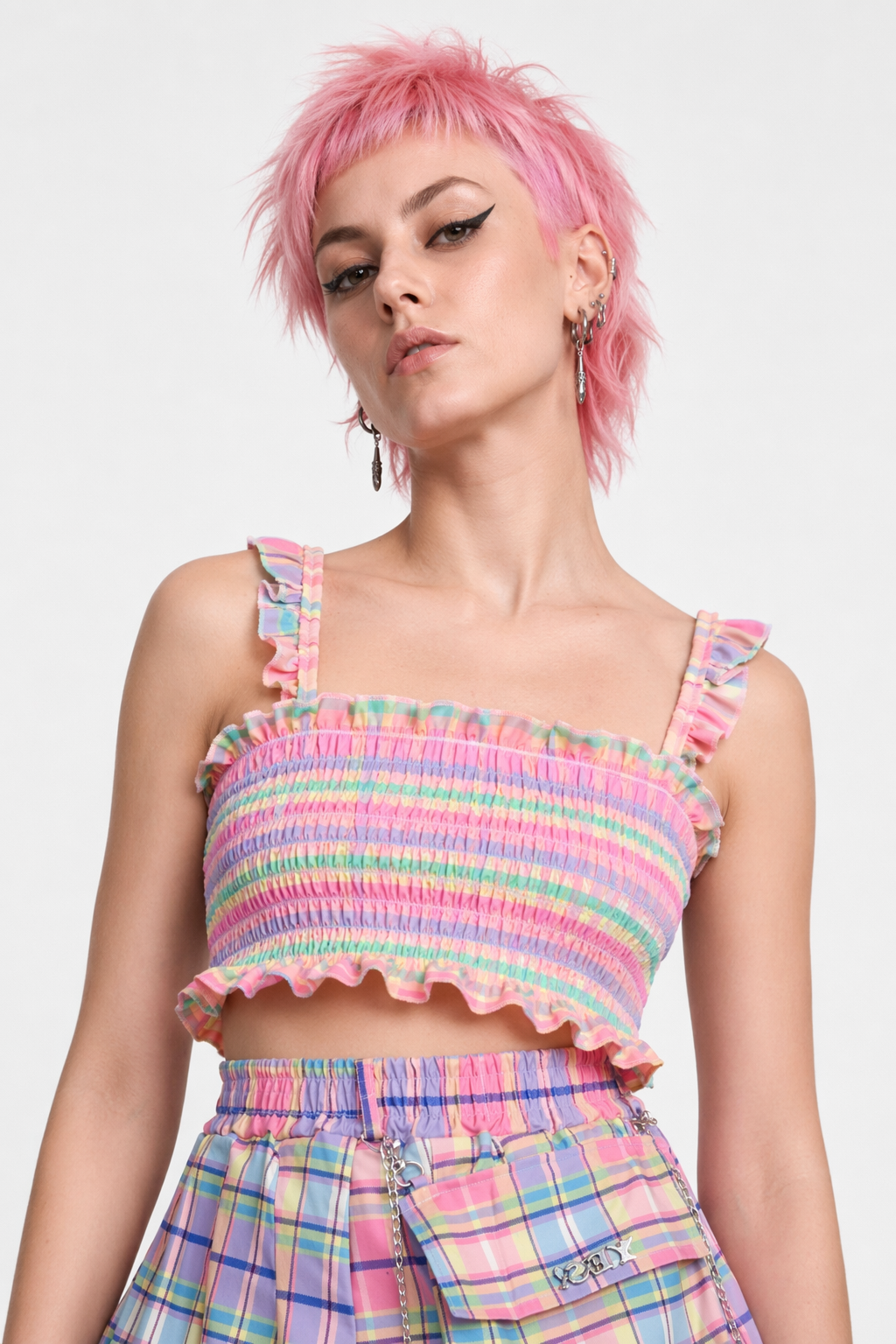 Bubblegum Rainbow Plaid Skirt with Cargo Pocket Default
