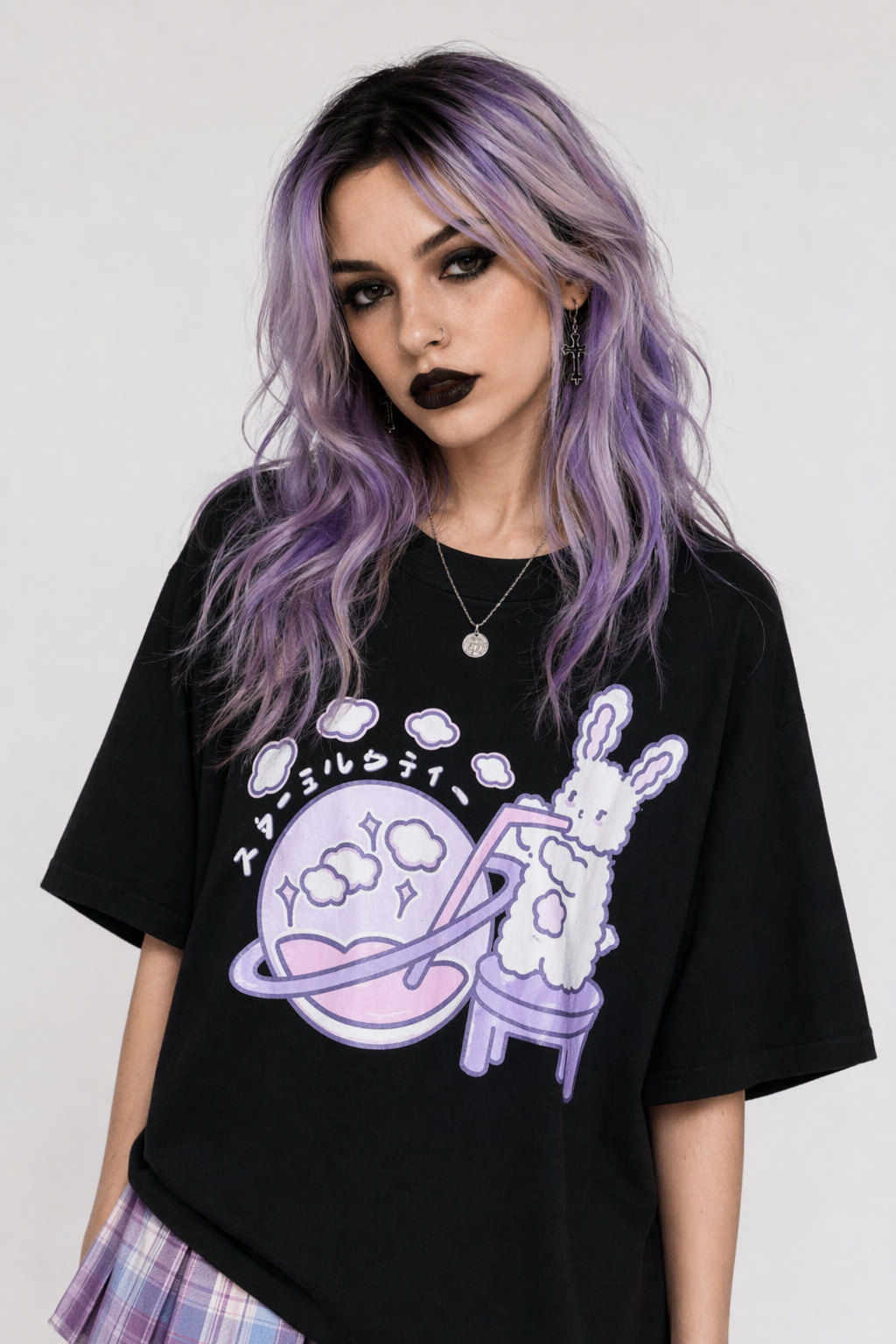 Pastel Goth Galaxy-Inspired Tee 100% Cotton 25 Inch 64 Cm Black