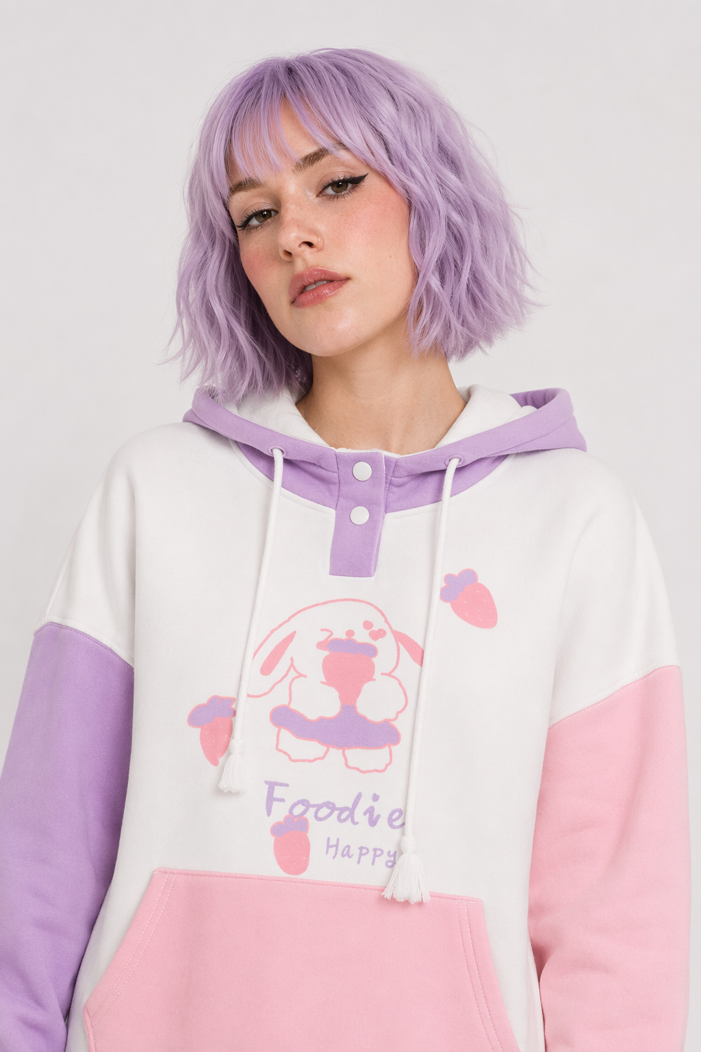 Foodie Bunny Hoodie in Pastel Color Block Style Purple