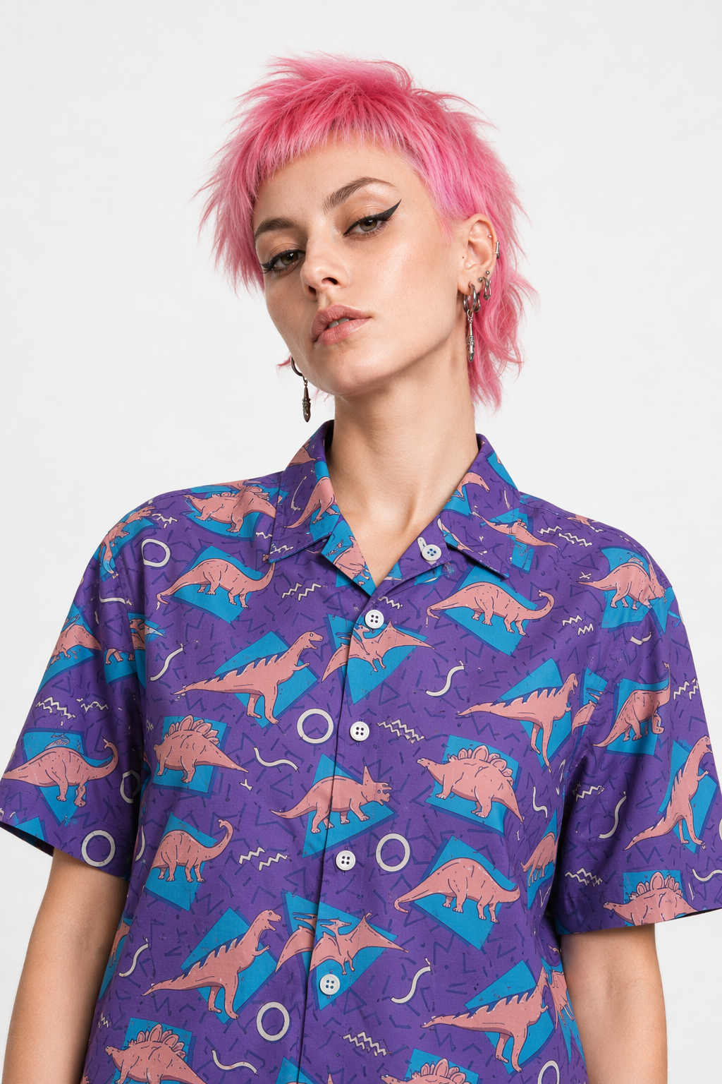 Purple and Blue Dinosaur Button Up Retro 90s Dino Tee 3XL