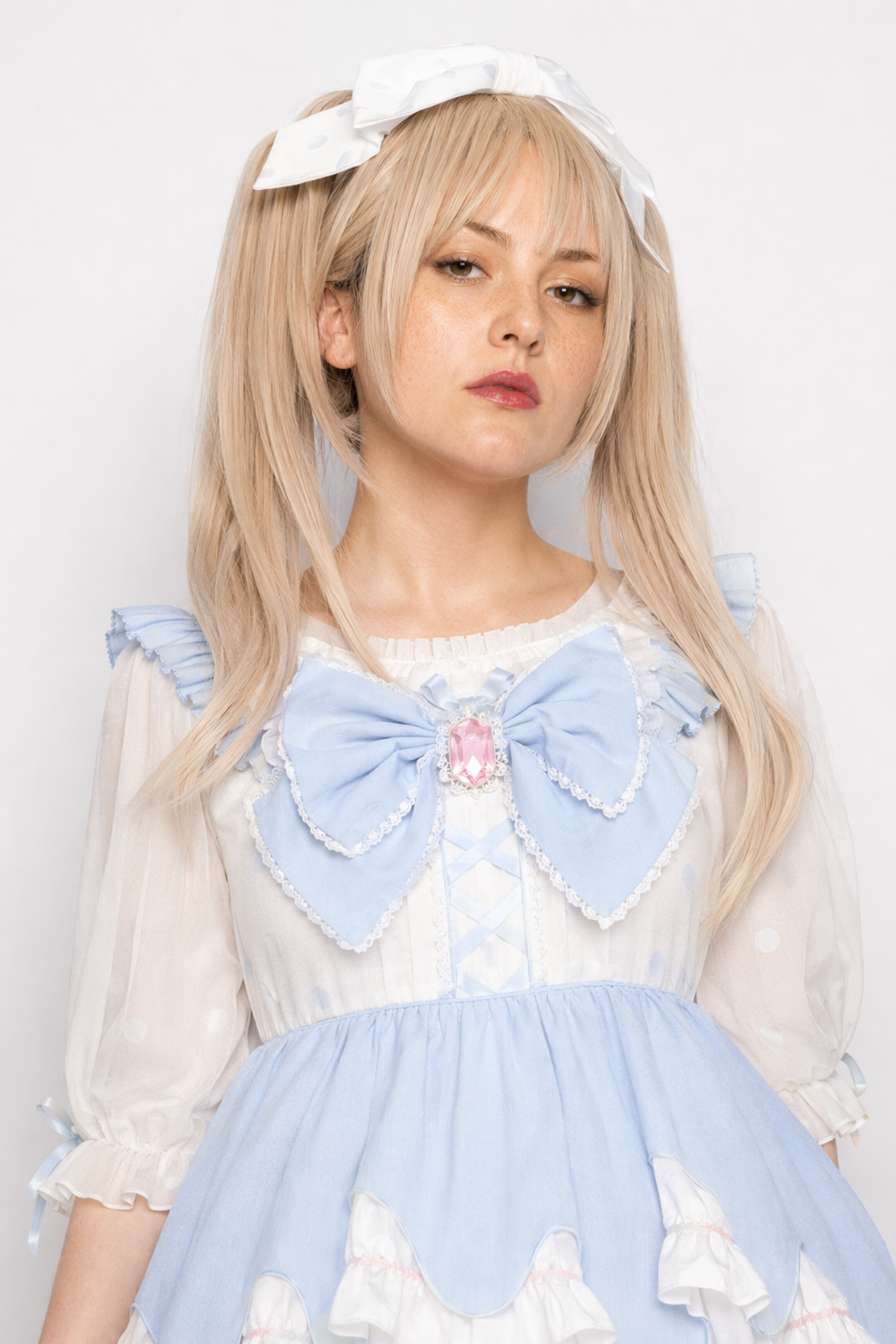 Sweet Pastel Blue Polkadot Lolita Dress with Luxurious Details M