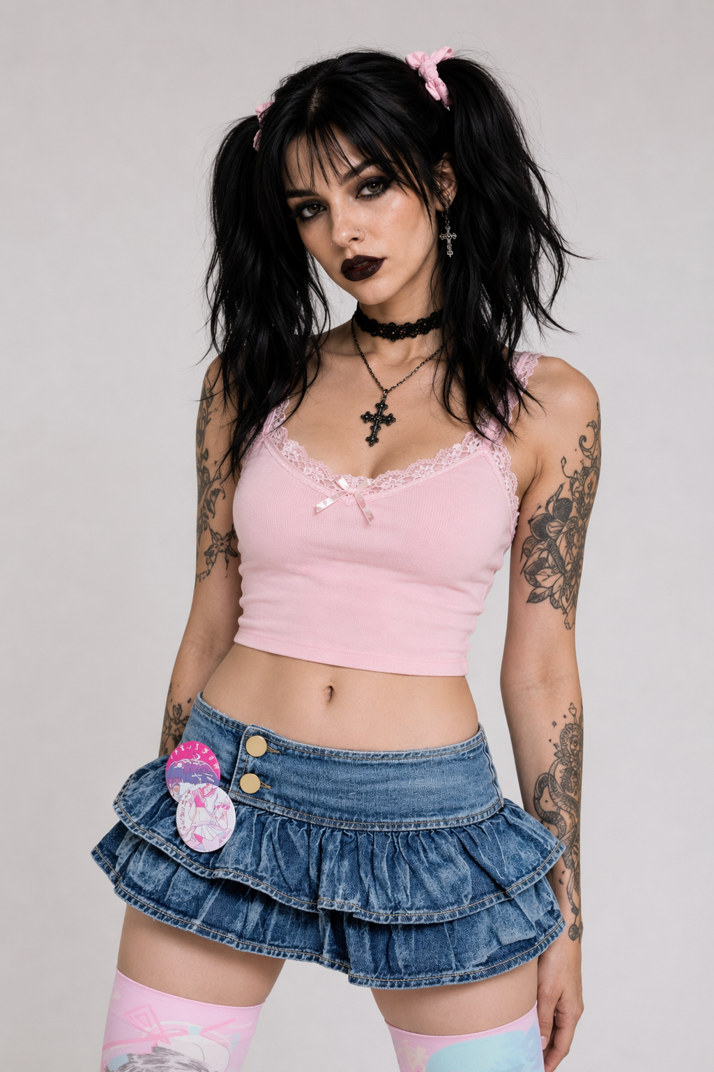 90s-Inspired Denim Miniskirt with Ruffled Pleating 18cm Length S