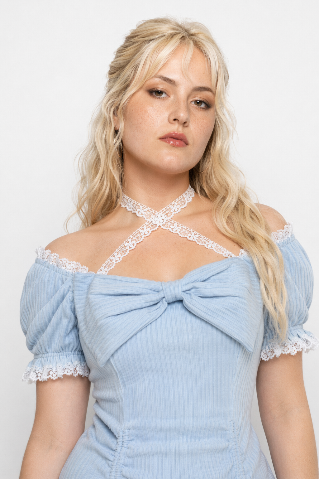 Baby Blue Lace Embellished Sweater Dress with Ruffled Trim L