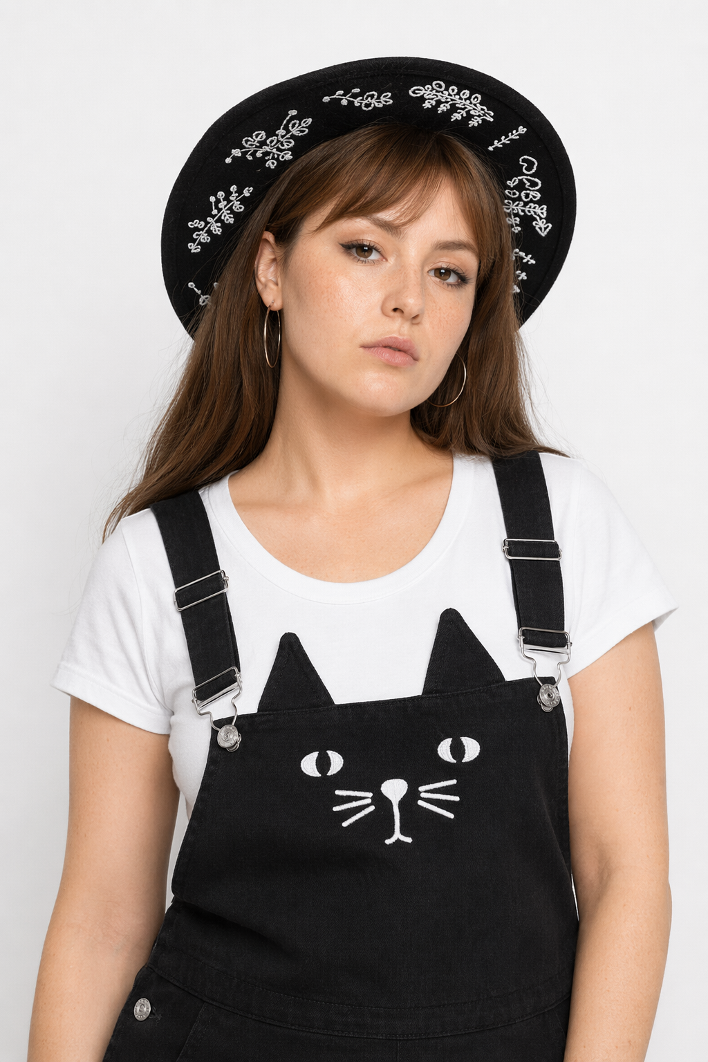 Adorable Black Jean Romper with Neko Cat Face Design 4XL