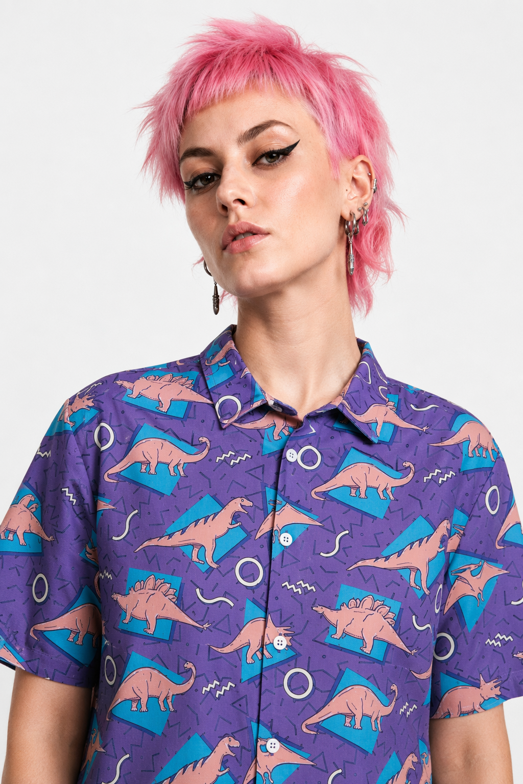 Purple and Blue Dinosaur Button Up Retro 90s Dino Tee 6XL