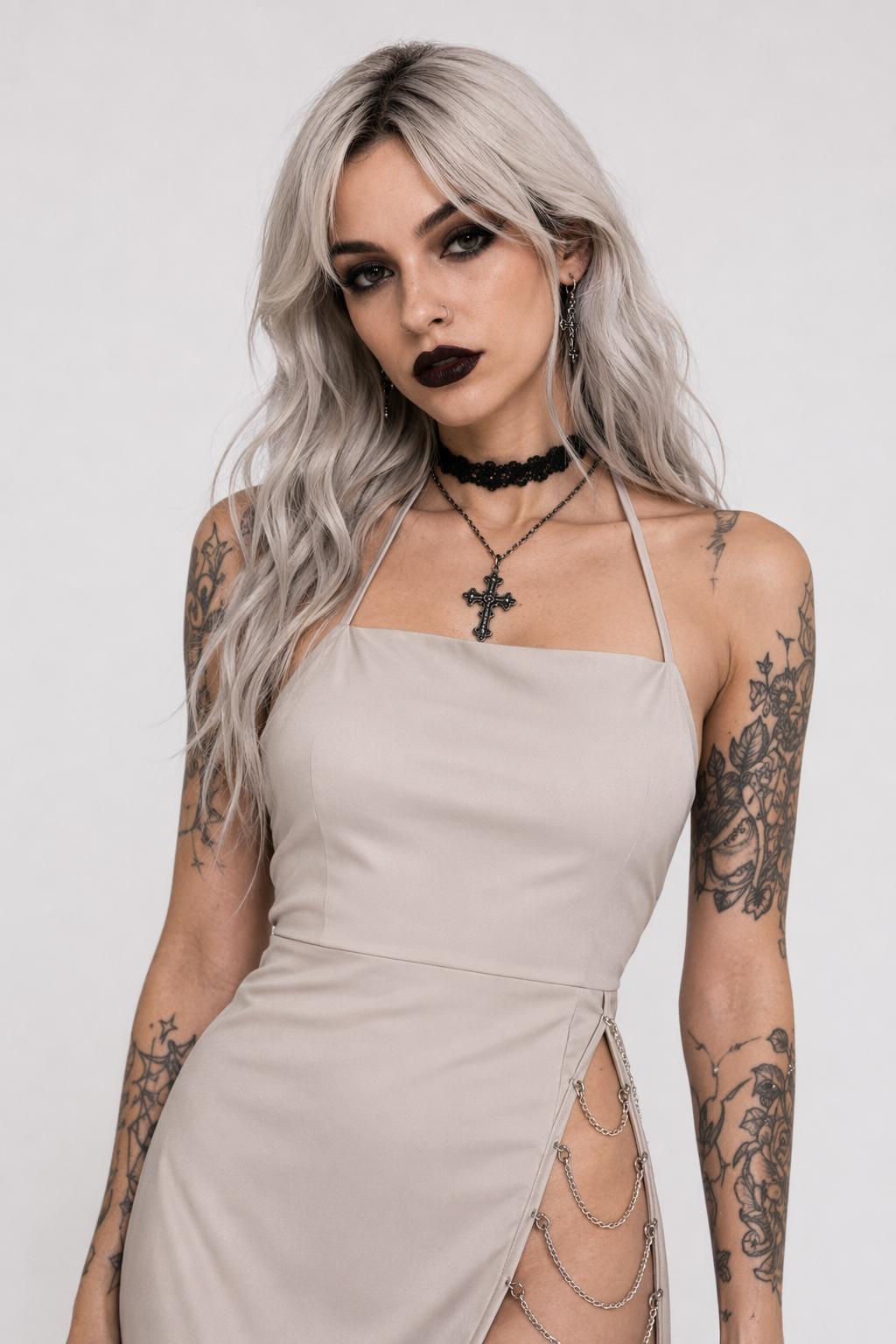 Seductive Satin Dress with Rhinestone Chains and High Slit Beige