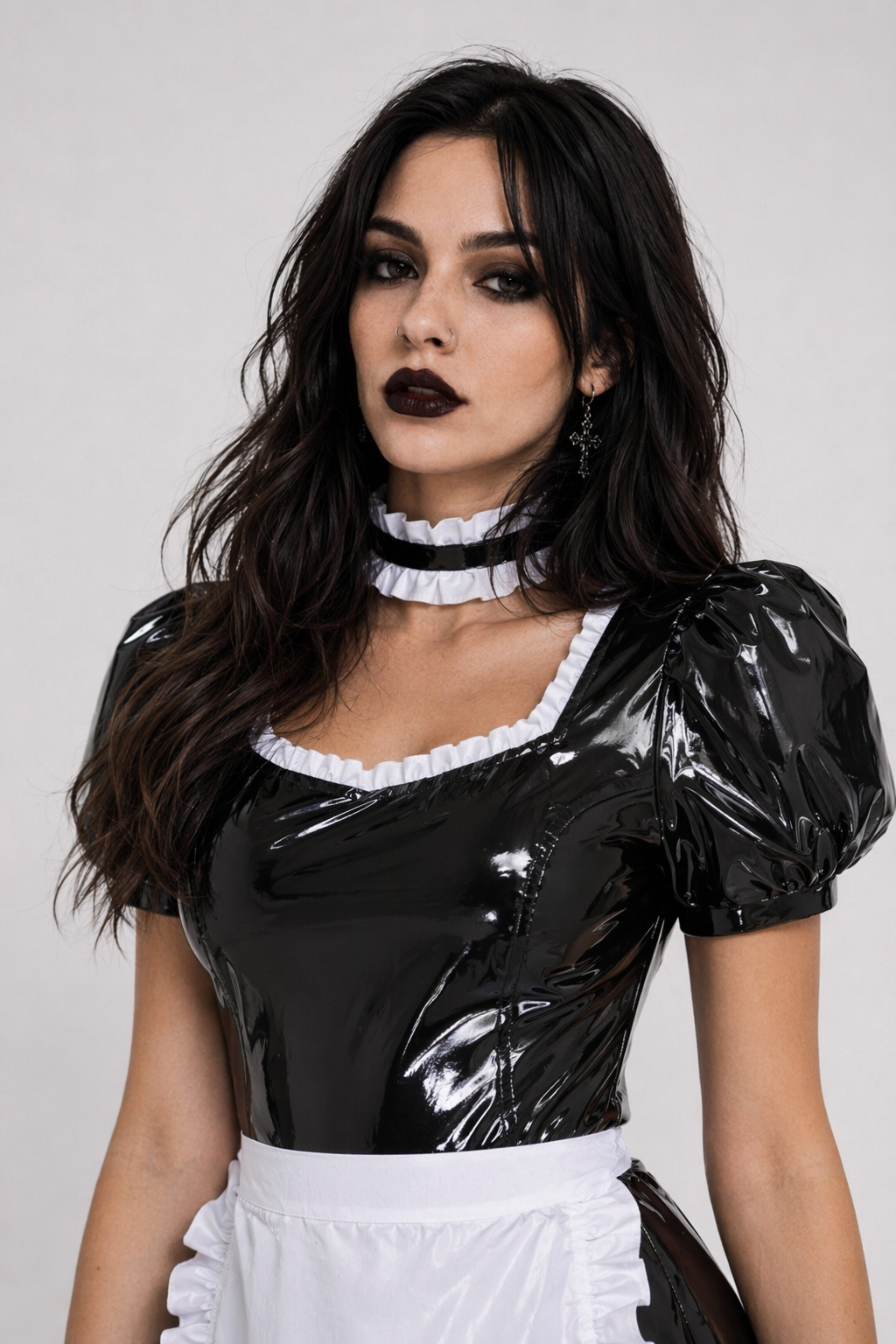 Sassy Latex Bodysuit with White Ruffled Apron Trim S