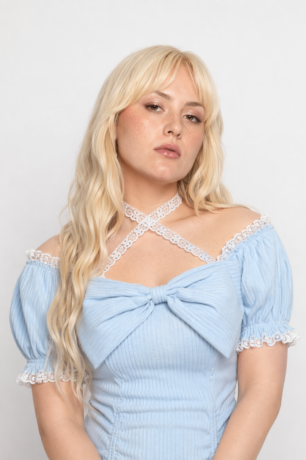 Baby Blue Lace Embellished Sweater Dress with Ruffled Trim S