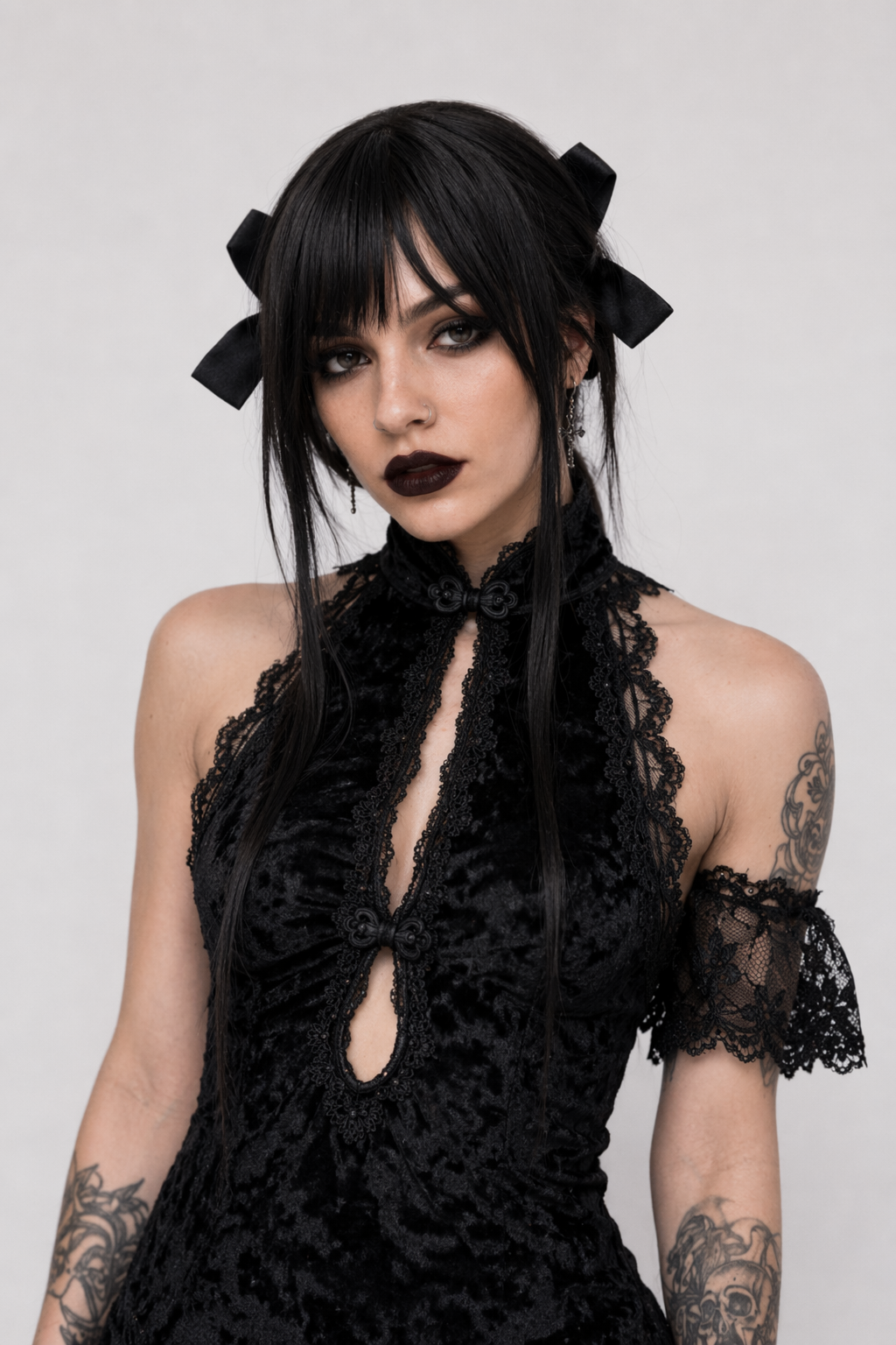 Oriental-Inspired Black Velvet Cheongsam Dress in Traditional Halter Style Default Title