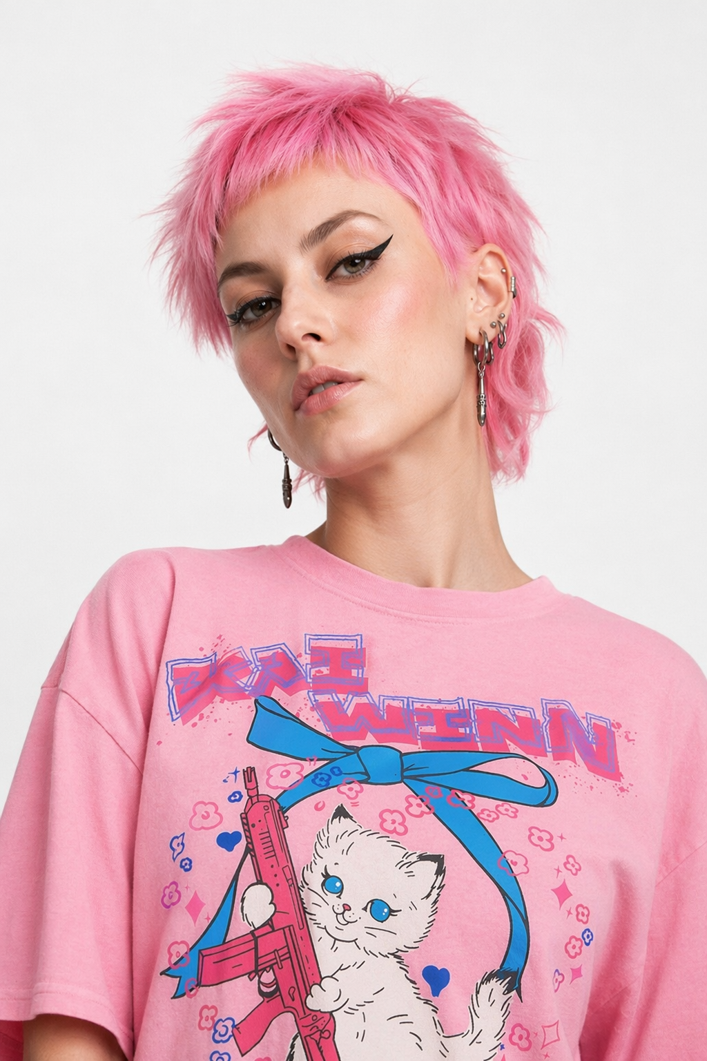 Kawaii Machine Gun Kitten T-Shirt In Stock for Daisy Duck Fans Pink