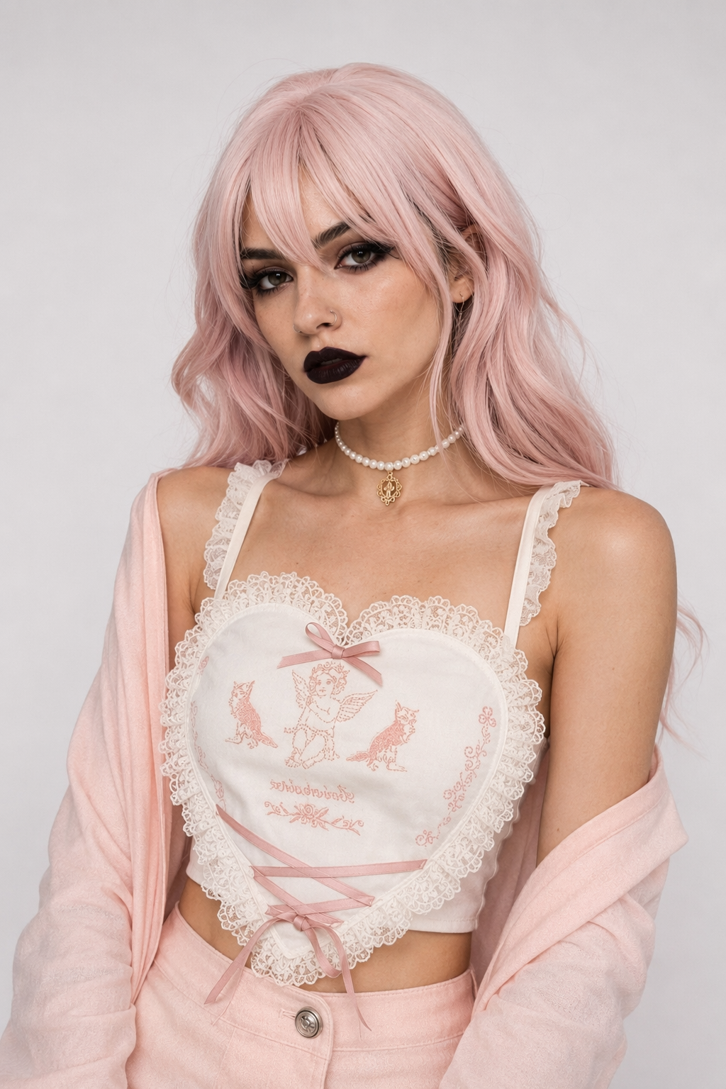Ethereal Lace and Ribbon Heart Shaped Crop Top White