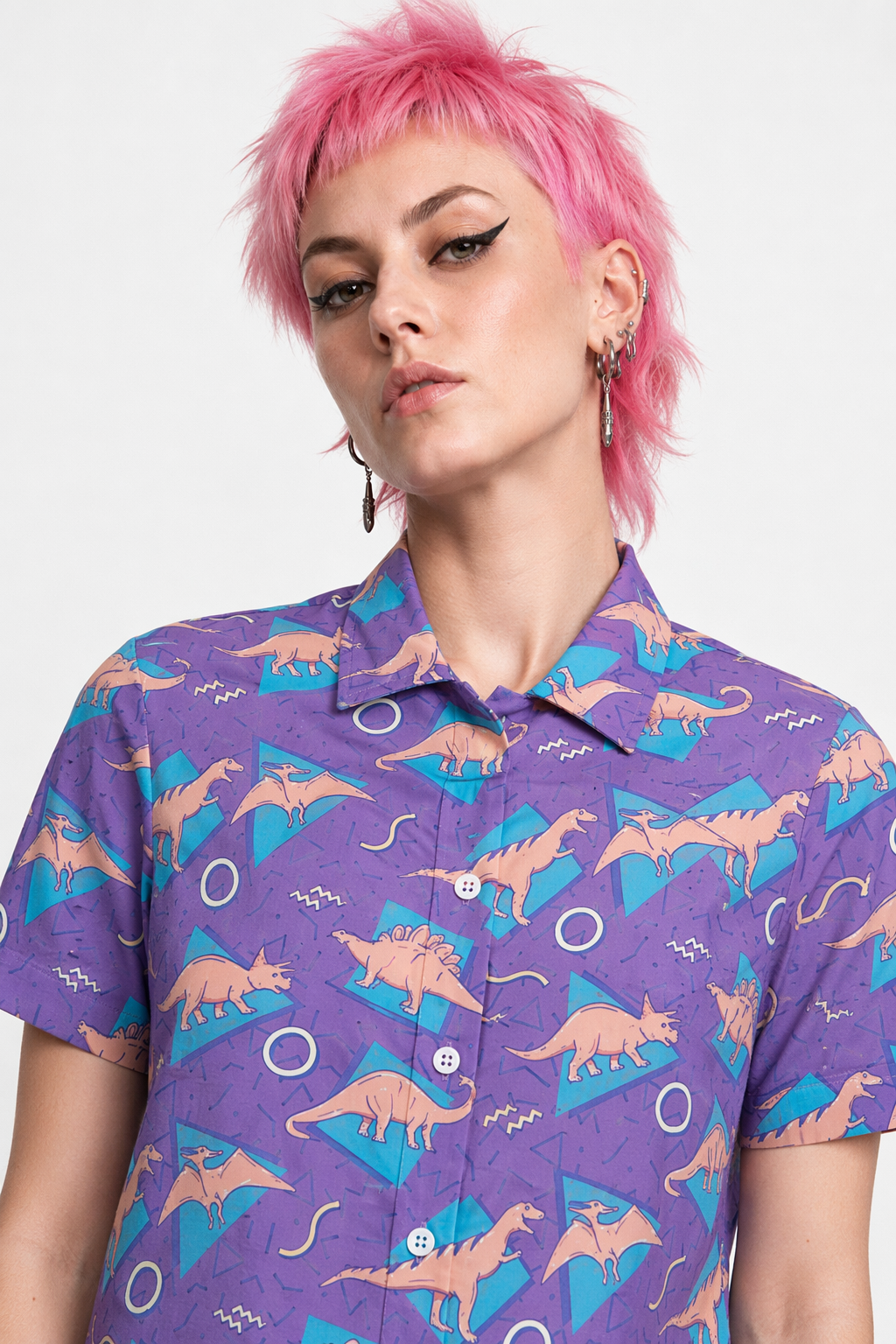 Purple and Blue Dinosaur Button Up Retro 90s Dino Tee XS