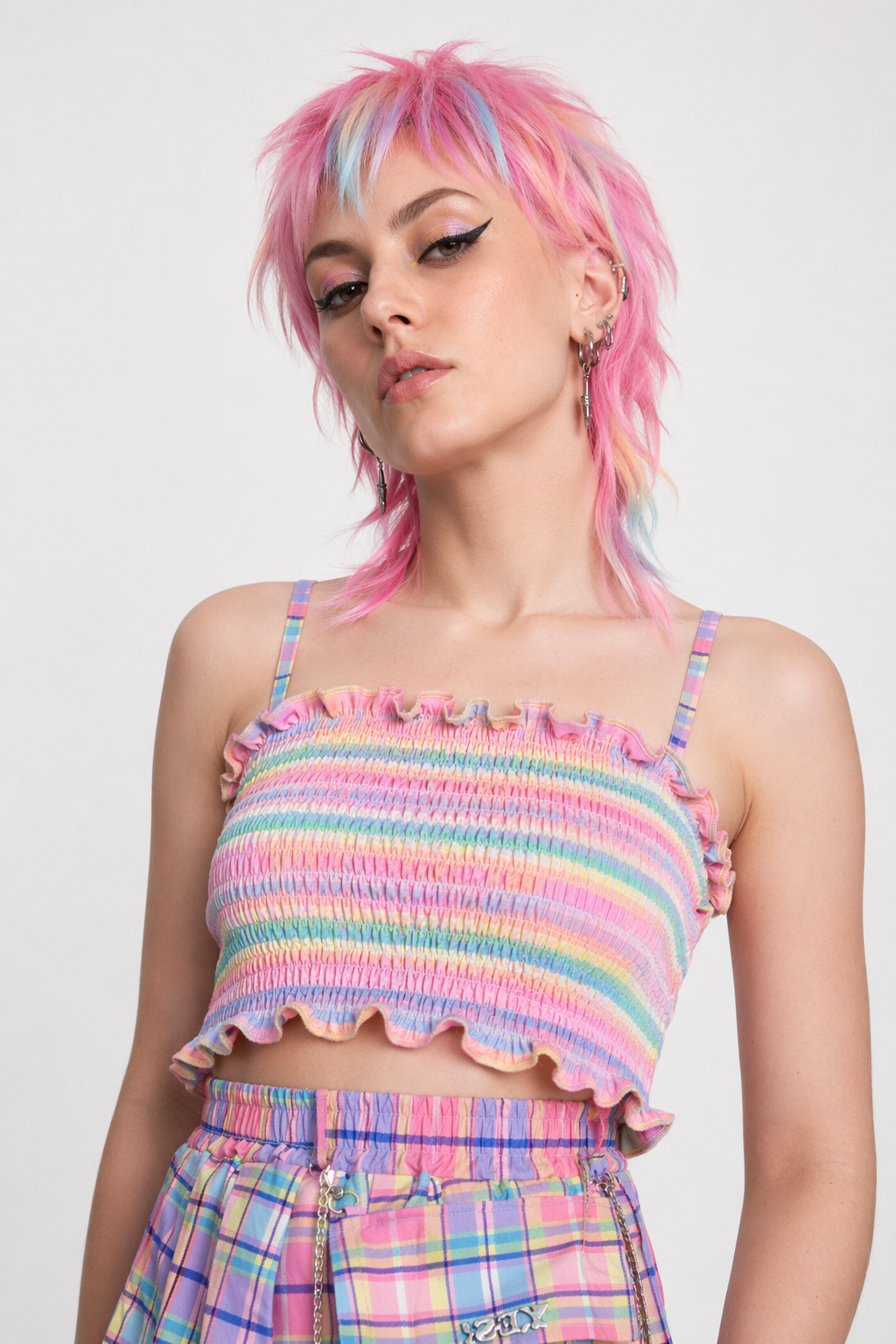 Bubblegum Rainbow Plaid Skirt with Cargo Pocket and Stretchy Waistband L