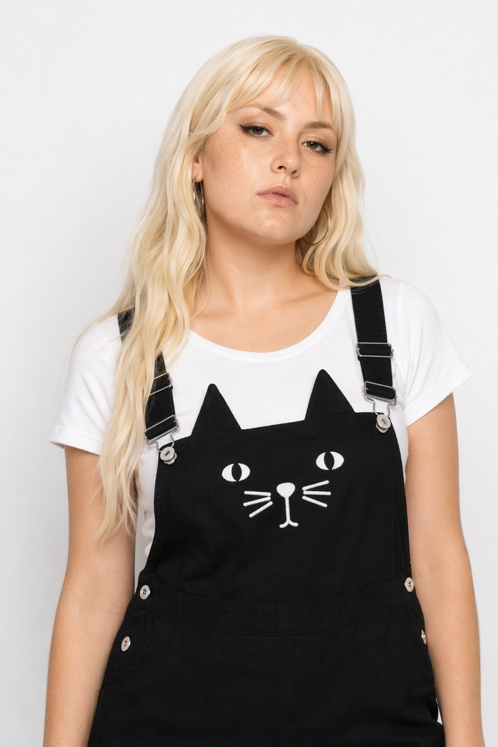 Adorable Black Jean Romper with Neko Cat Face Design S