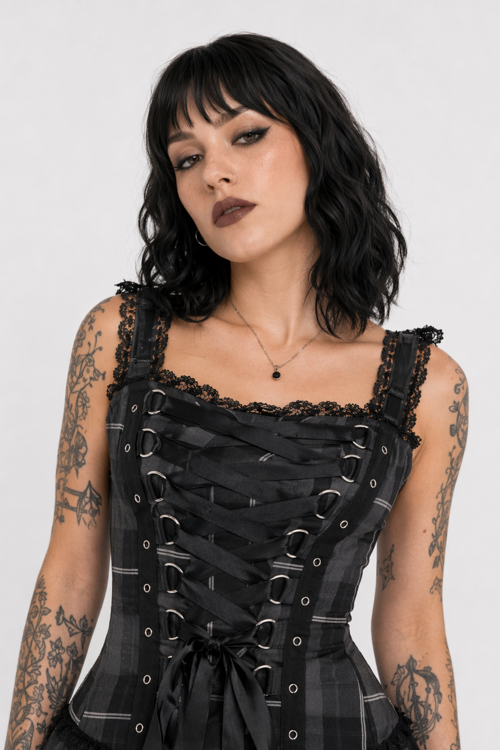 Spooky Tartan Plaid Lace-Up Gothic Dress for Dark Fashion Lovers Grey