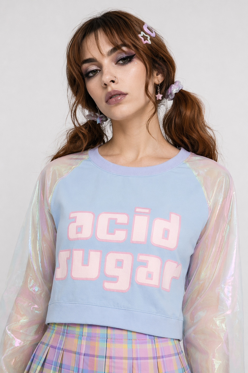 Holographic Acid Sugar Crop Top Sweater with Rainbow Sleeves Blue