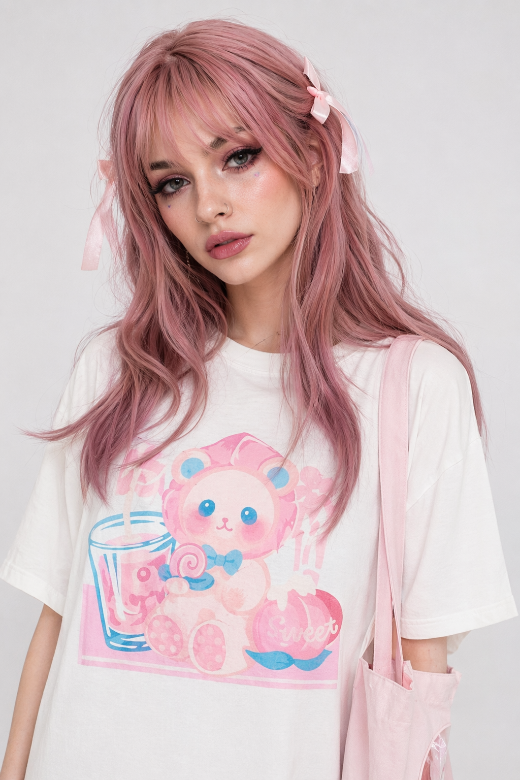 Pastel Peach Bear Tee Inspired by Kawaii Fashion and Anime White
