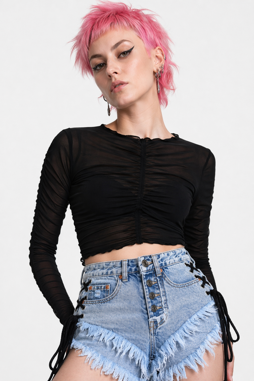 Edgy Lace-Up Jean Shorts for Summer Style Sky Blue
