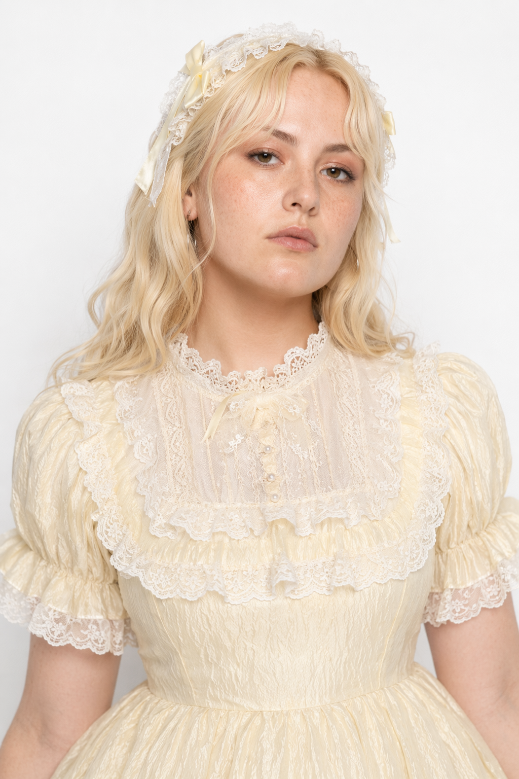 Pastel Yellow Floral Lace Angelic Dress with Poofy Sleeves M
