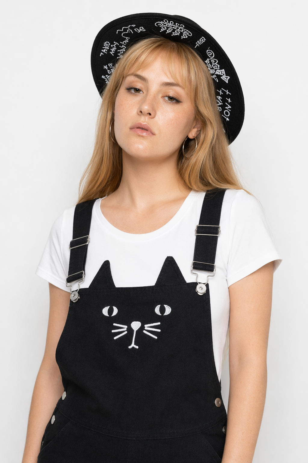 Adorable Black Jean Romper with Neko Cat Face Design M