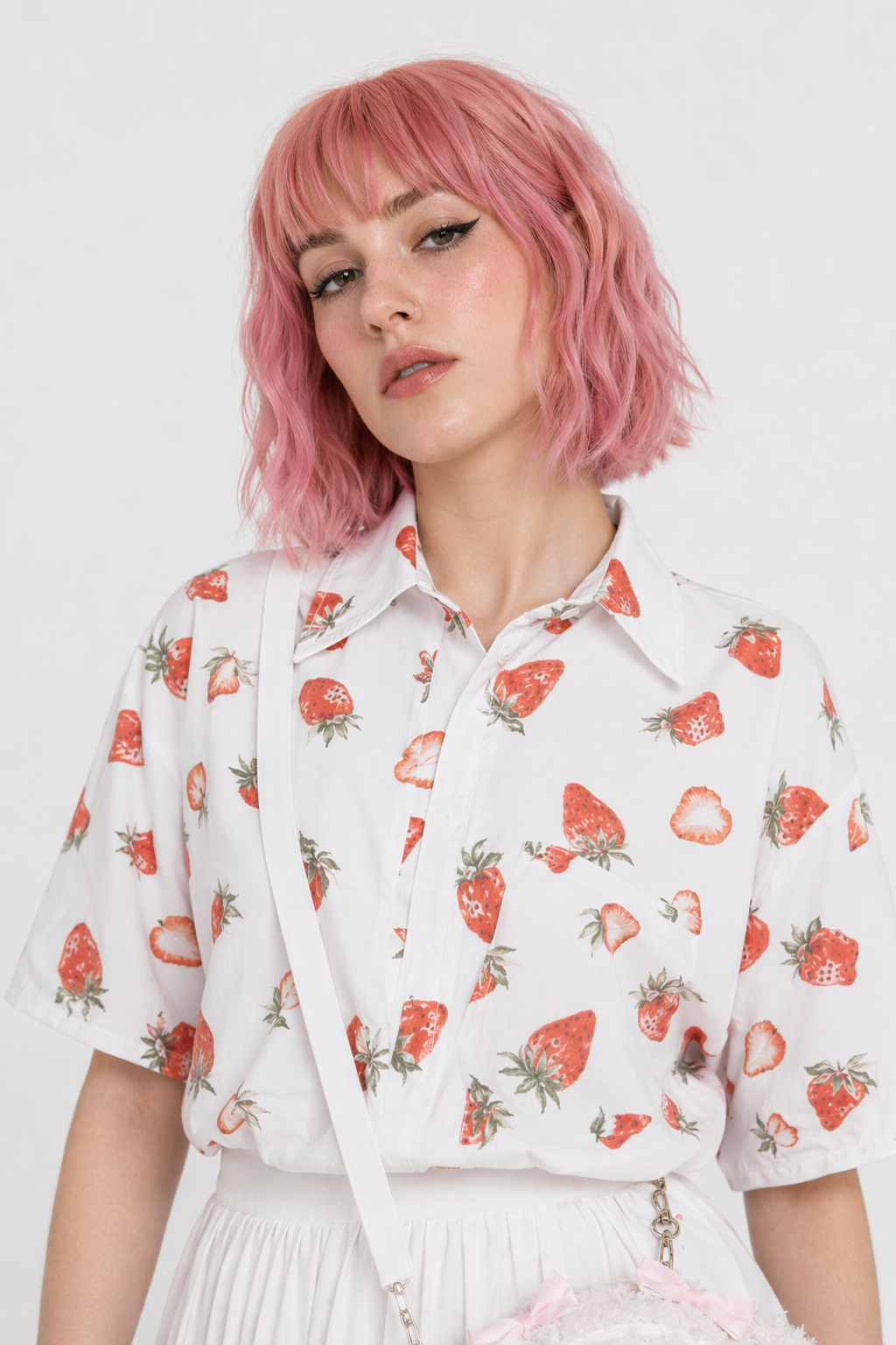 White Strawberry Print Button Up Top for Kawaii Lovers Default Title