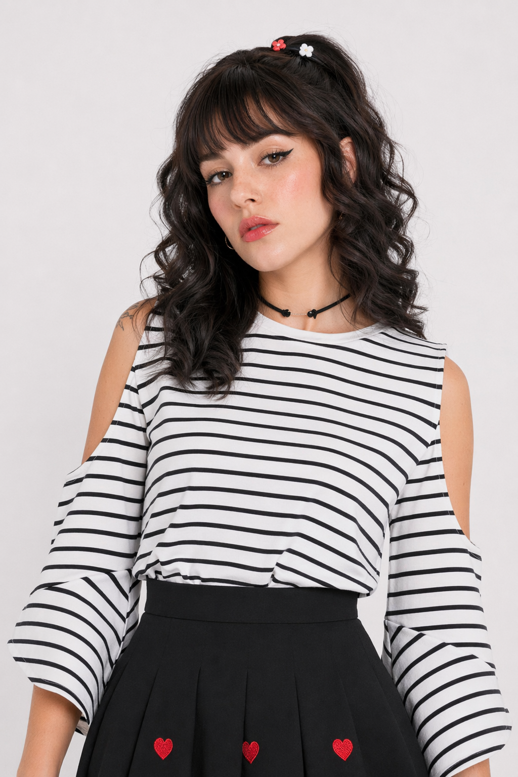 Kawaii School Girl Tennis Skirt with Heart Embroidery Details Black