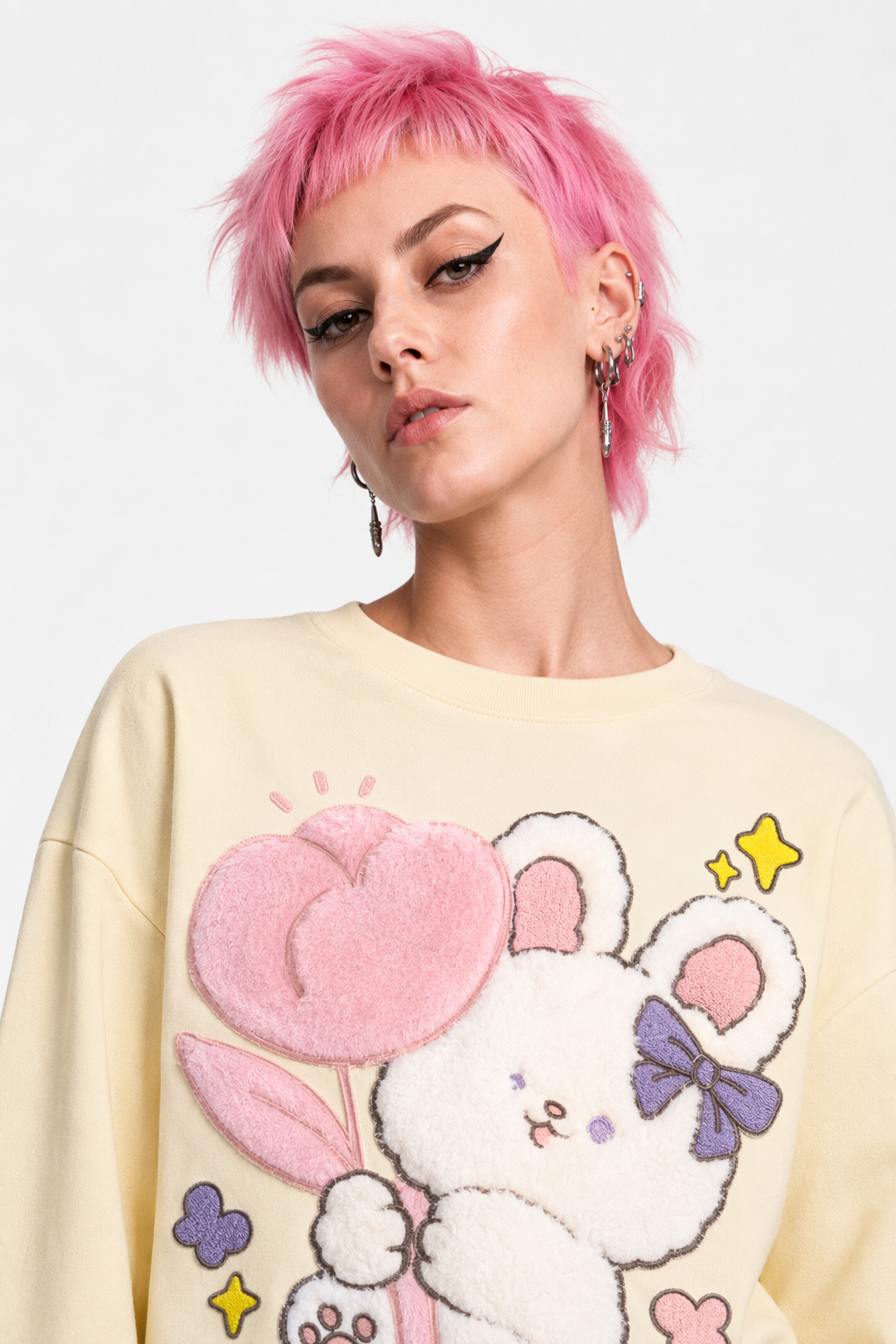 Tulip Bunny Fluffy Tee for Adorable Spring Style Appricot
