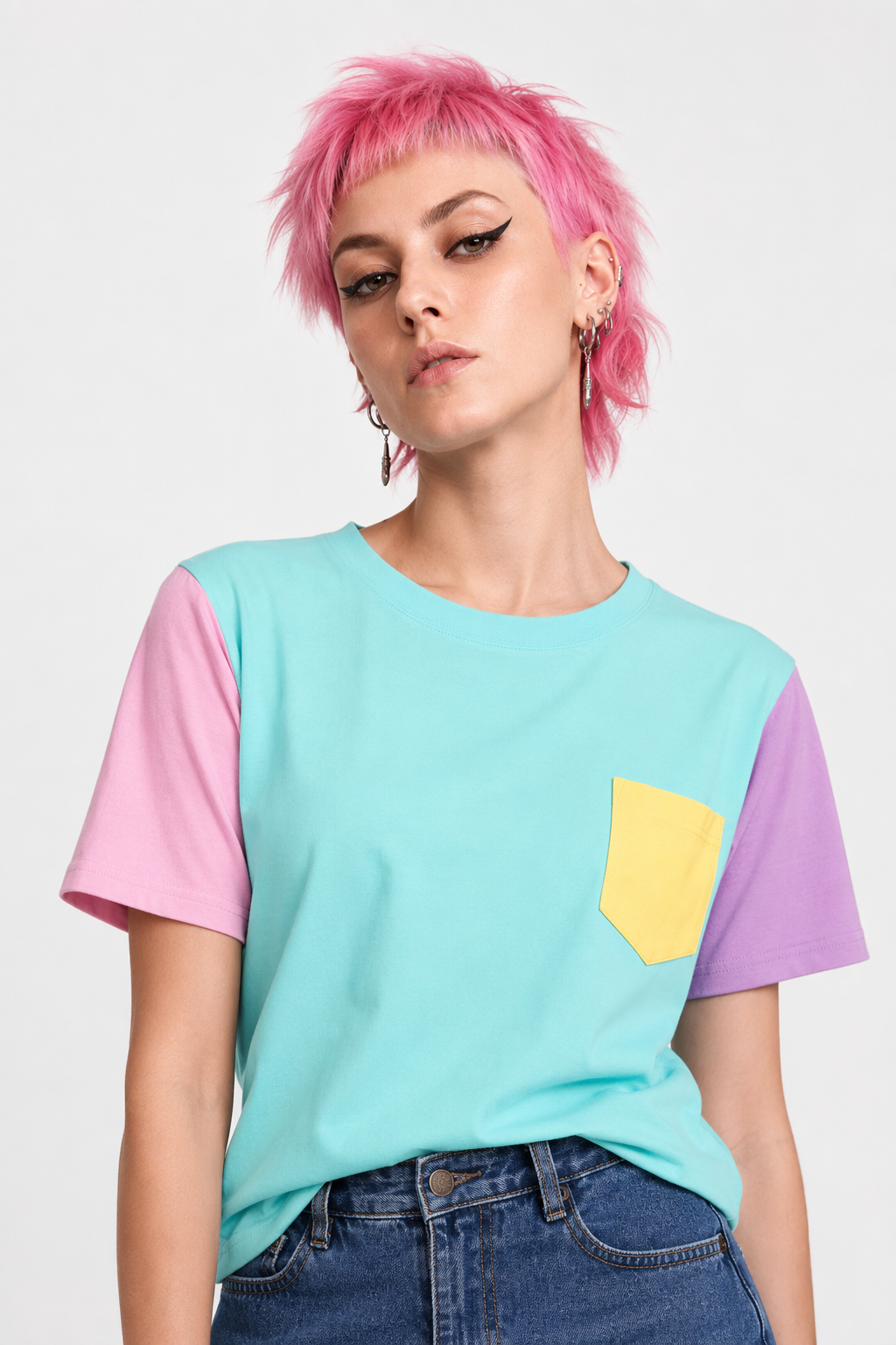 Retro 80s Patchwork Pastel-Kei Tee with Chest Pocket Blue