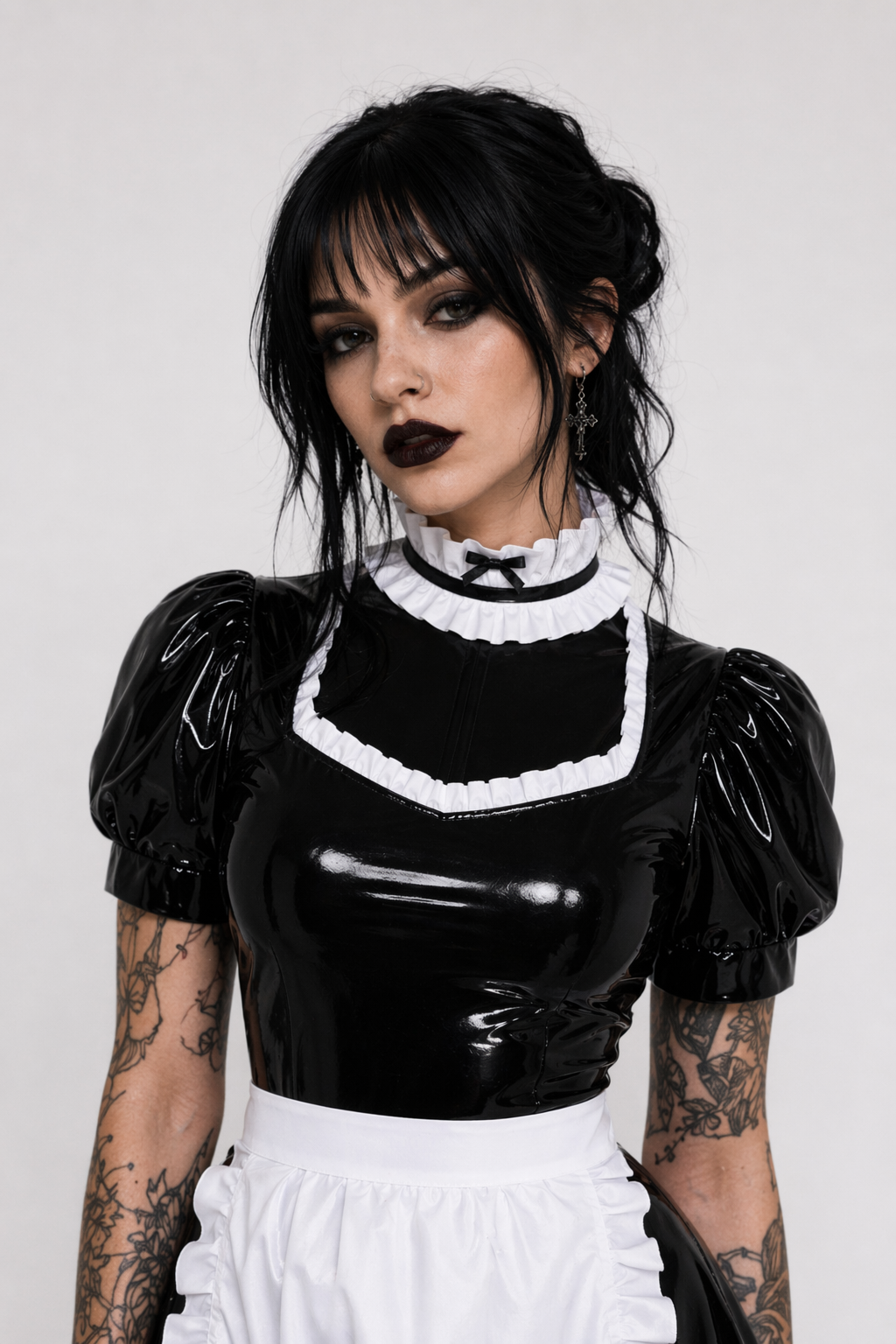 Sassy Latex Bodysuit with White Ruffled Apron Trim XXL