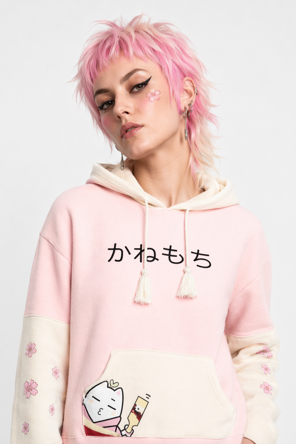 Japanese Inspired Painting Cat Artist Hoodie with Cherry Blossoms Pink