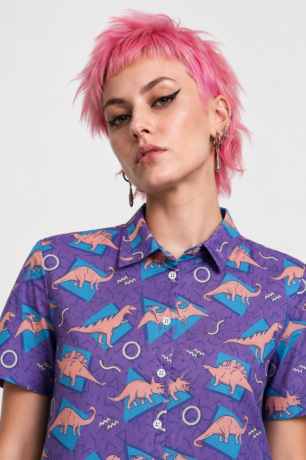 Purple and Blue Dinosaur Button Up Retro 90s Dino Tee L