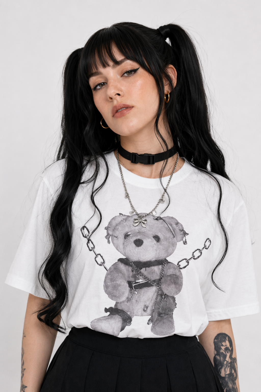 Gothic Chained Bear T-Shirt for Dark-Themed Events White