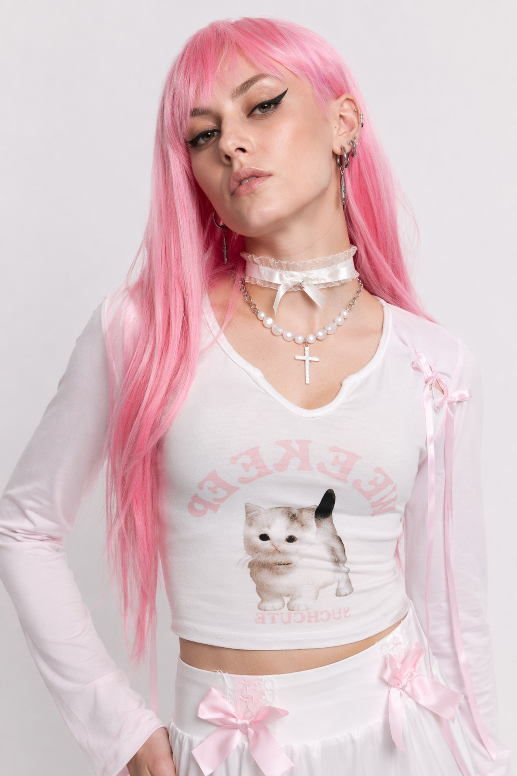 Pink Kitten Long Sleeve Crop Top for Angelcore and Fairycore Styles L