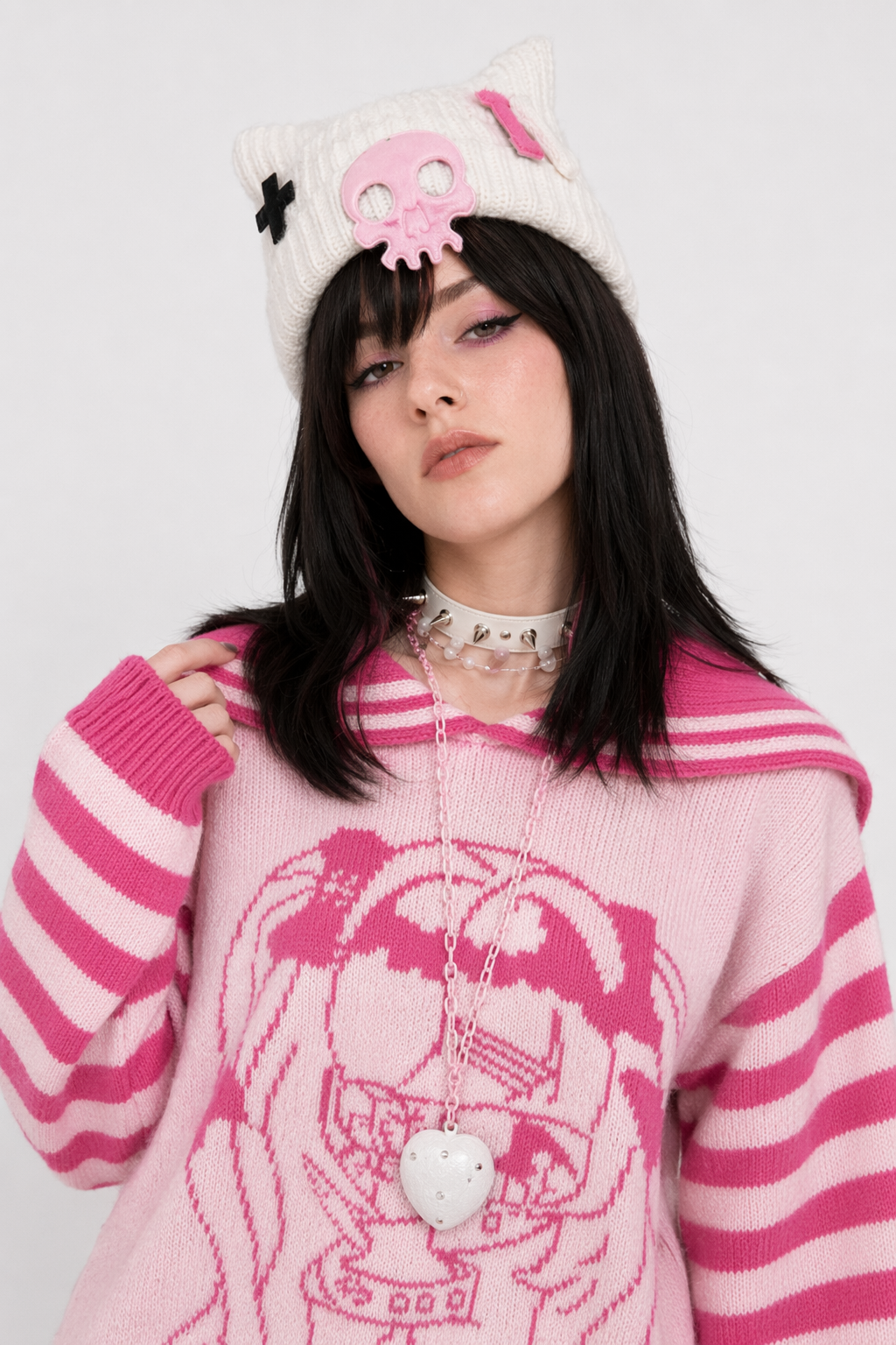 Striped eGirl Knit Hoodie for Anime and Kawaii Fashion Lovers Pink