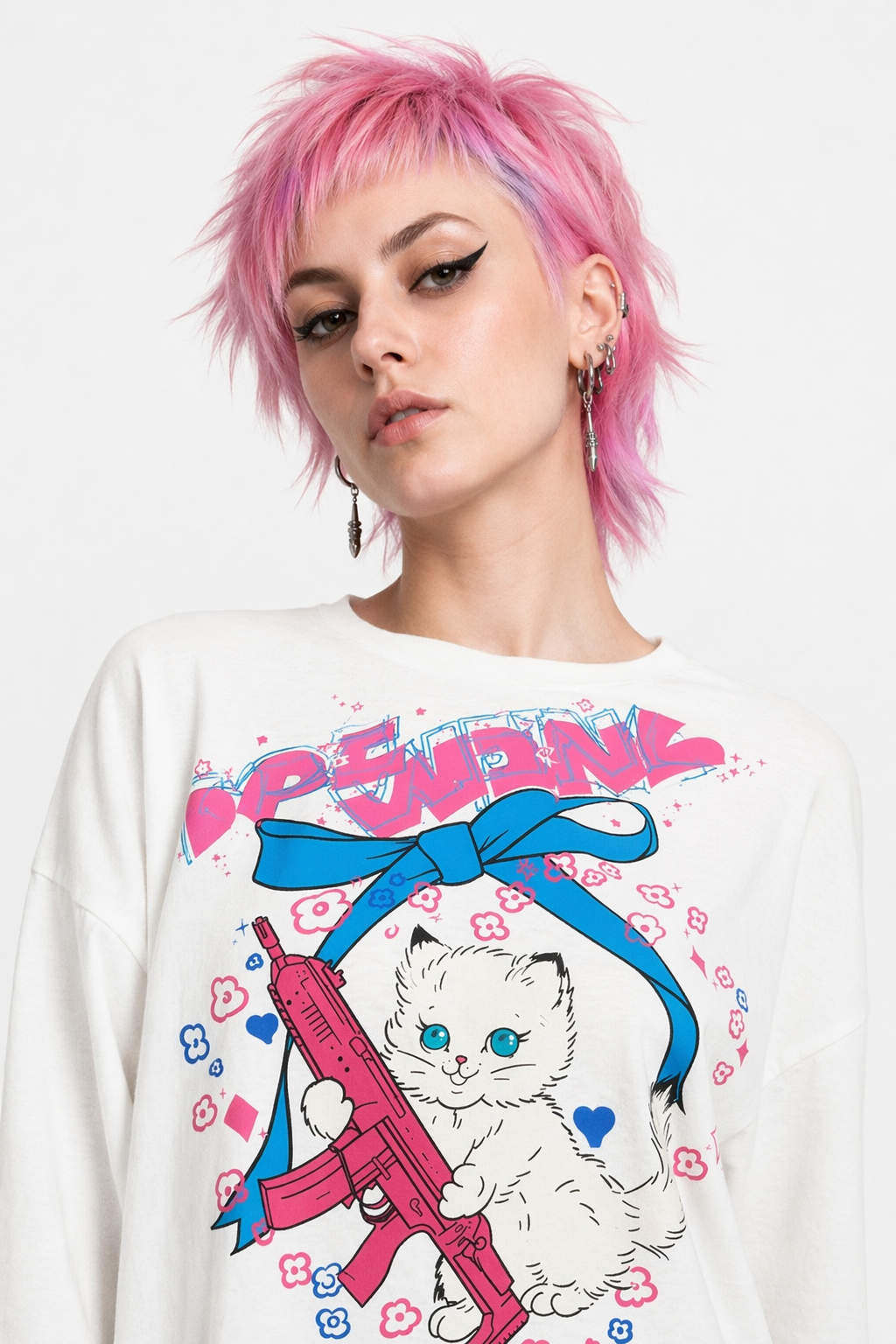 Kawaii Machine Gun Kitten T-Shirt In Stock for Daisy Duck Fans White