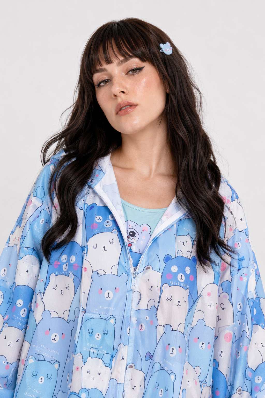 Kawaii Bear-Inspired Windbreaker Jacket for Pastel Fashion Lovers Blue
