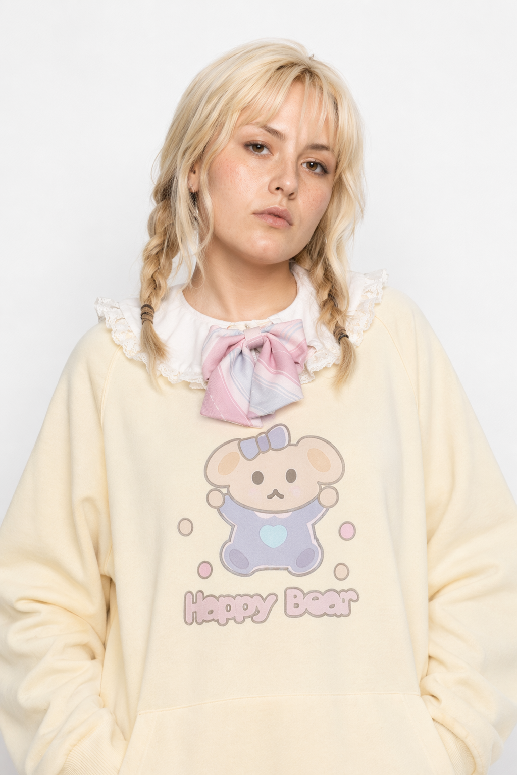 Pastel Yellow Bear Hoodie with Cozy Pouch and Cute Details M